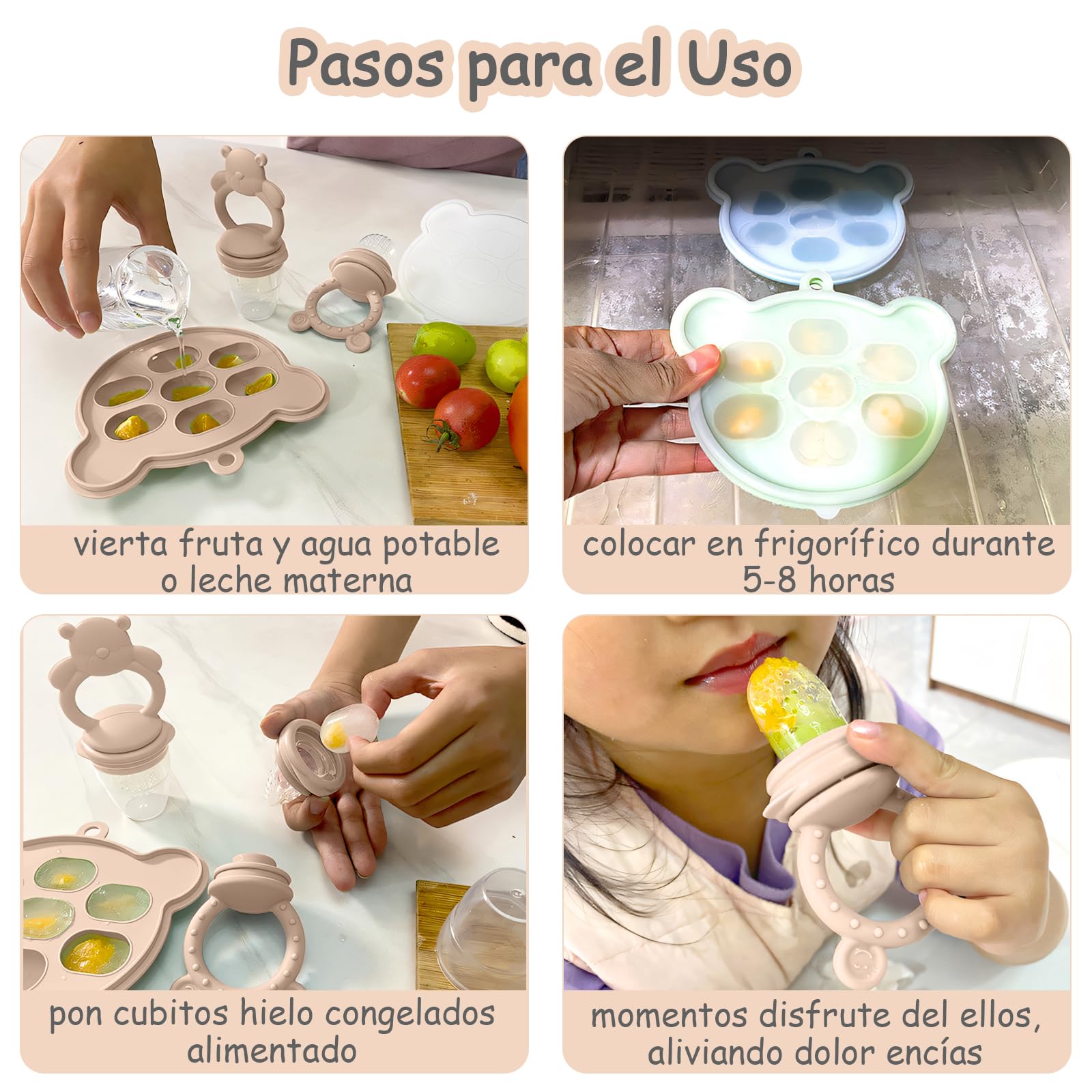 EHRHDKNS Bandeja Congeladora de Alimentos para Bebés Sin BPA, Adecuado para la Introducción Segura de Alimentos, Fruta y Papillas a Partir de los 4 Meses, Fortalece los Dientes del Bebé y le Ayuda a Comer Sano (Beige, Oso)