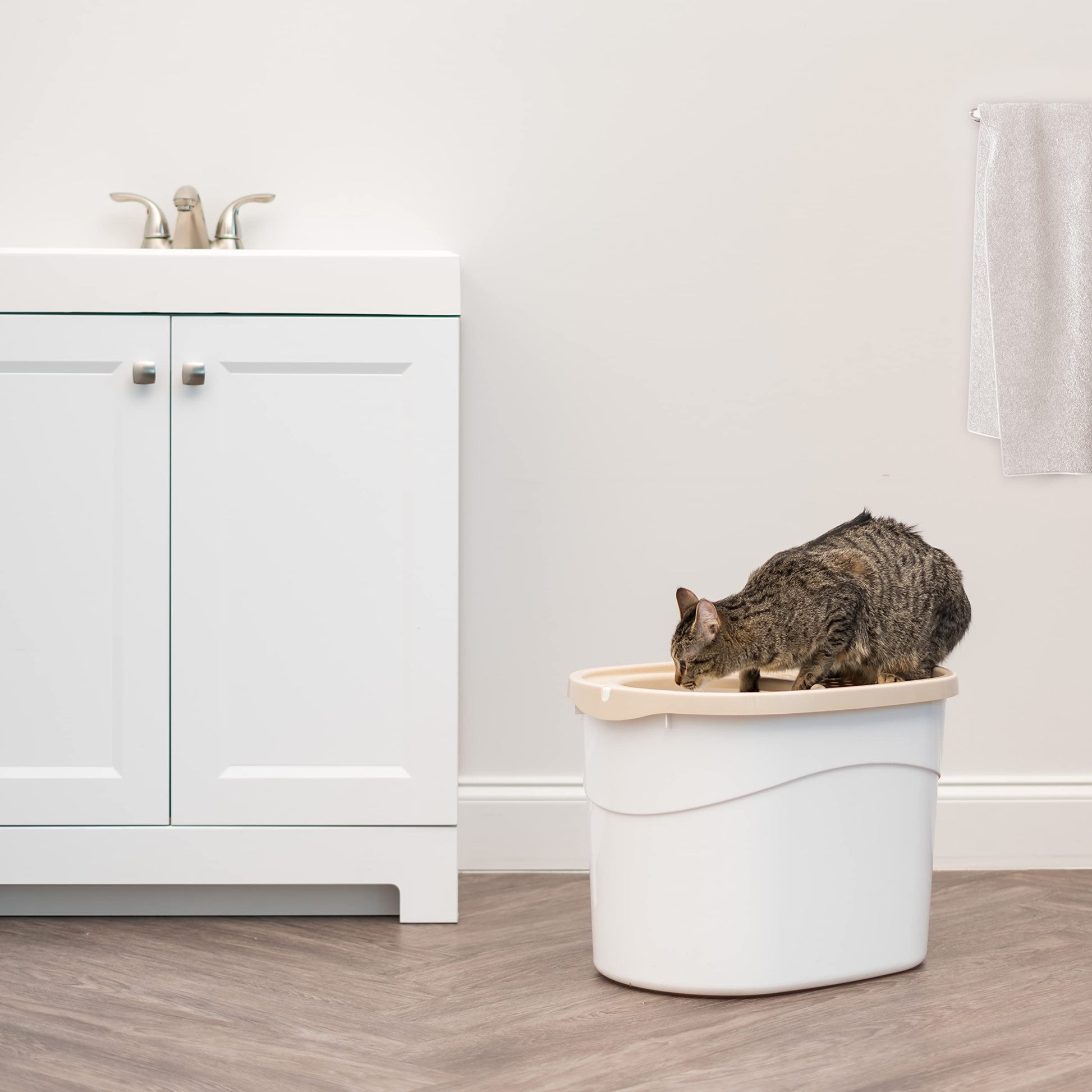 IRIS USA Caja de Arena para Gatos de Entrada Superior Redonda y Sencilla Grande con Pala, Bandeja de Arena Curva con Cubierta que Captura Partículas de Arena y Paredes de Privacidad, Blanco/Beige