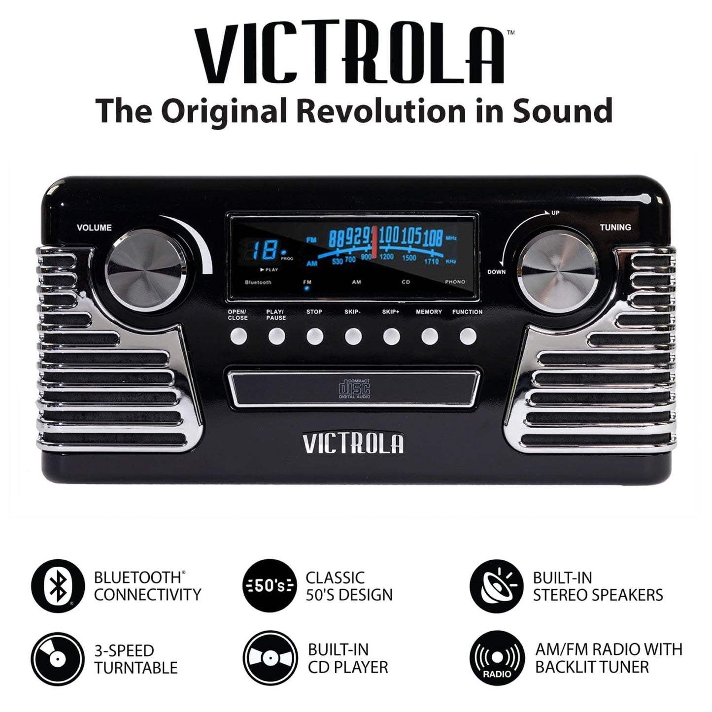 Tocadiscos Retro Bluetooth Victrola Negro con Centro Multimedia y Altavoces Integrados