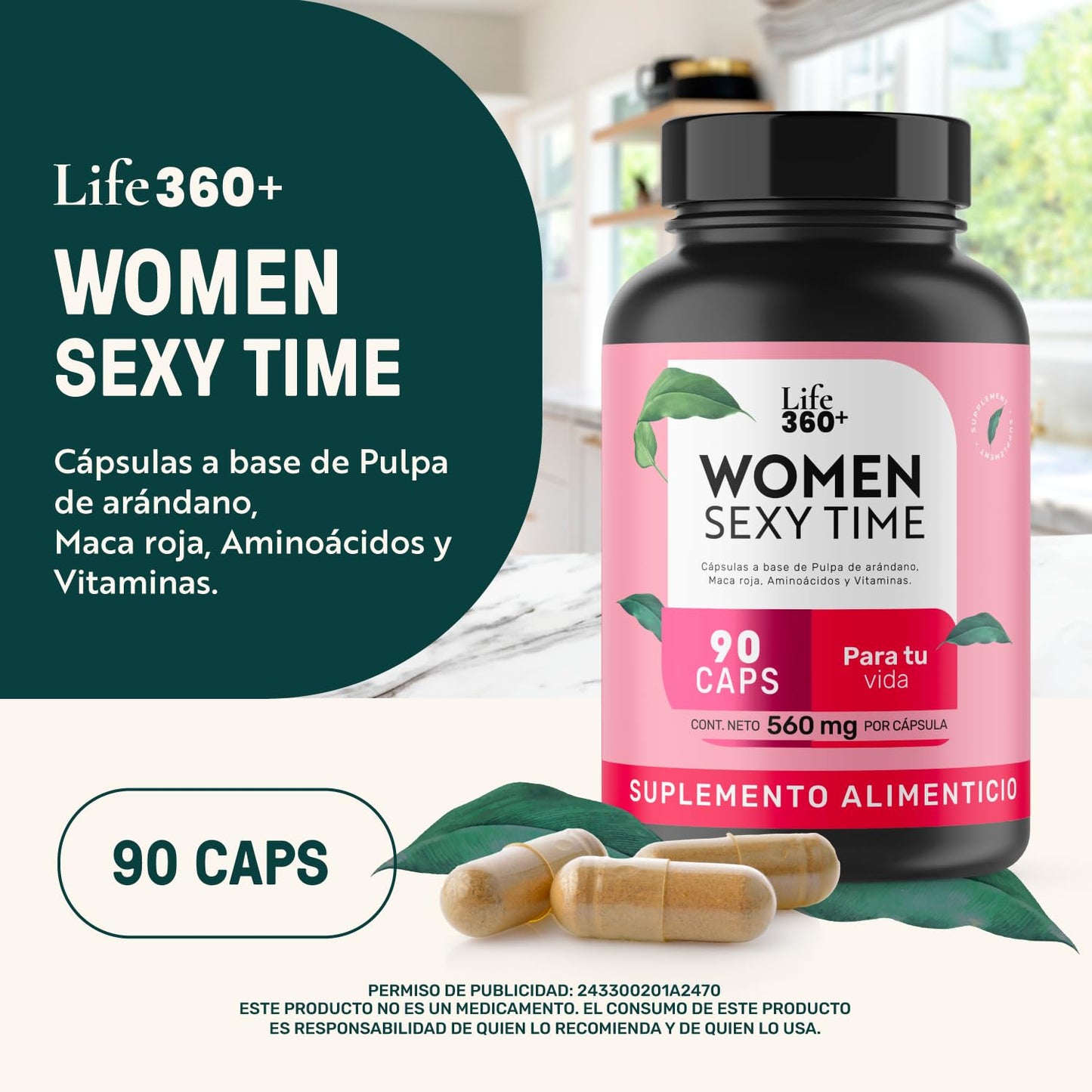 LIFE 360+ Women Sexy Time | 90 Cápsulas | Maca Roja, L-Tirosina, Vitaminas, Pulpa de Arándano, | Suplemento Alimenticio Maca Roja| 90 Cápsulas | Explora nuevas sensaciones | 45 porciones