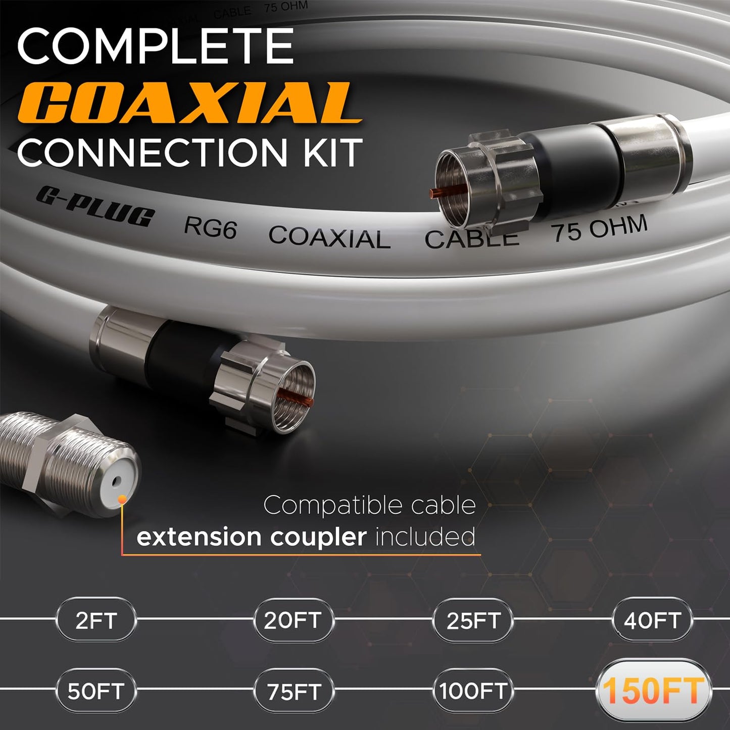G-PLUG Cable Coaxial RG6 75 Ohm, Triple Blindaje, Conectores F Tipo Macho a Macho, Cable Antena TV, Satelital e Internet Banda Ancha, Incluye Acoplador F81, Blanco