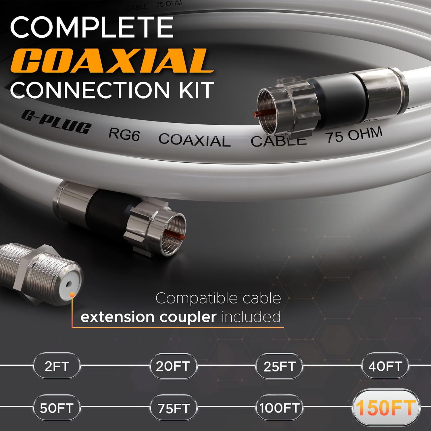 G-PLUG Cable Coaxial RG6 75 Ohm, Triple Blindaje, Conectores F Tipo Macho a Macho, Cable Antena TV, Satelital e Internet Banda Ancha, Incluye Acoplador F81, Blanco