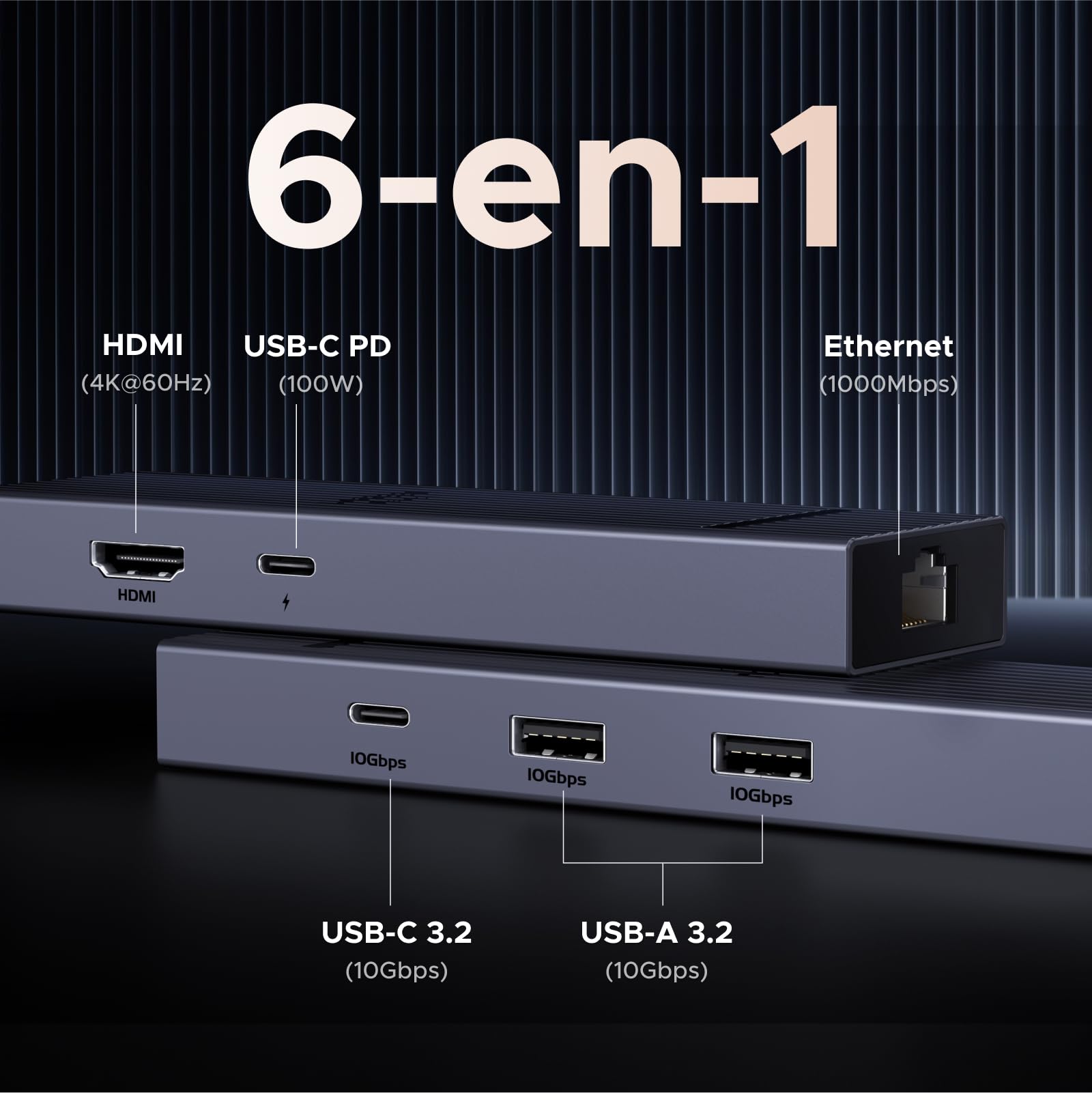 Adaptador USB C Hub UGREEN Revodok Plata con HDMI 4K y Carga 100W