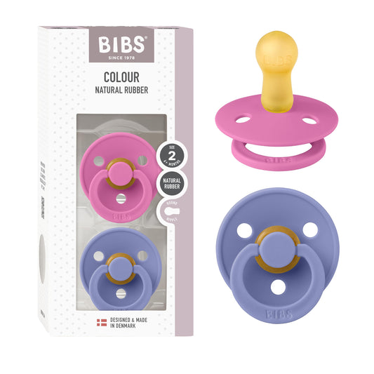 BIBS Chupones Colour Pack de 2, Tetina redonda de látex natural, Talle 2, Color Bubblegum/Peri, 6 a 18 meses, Hecho en Dinamarca