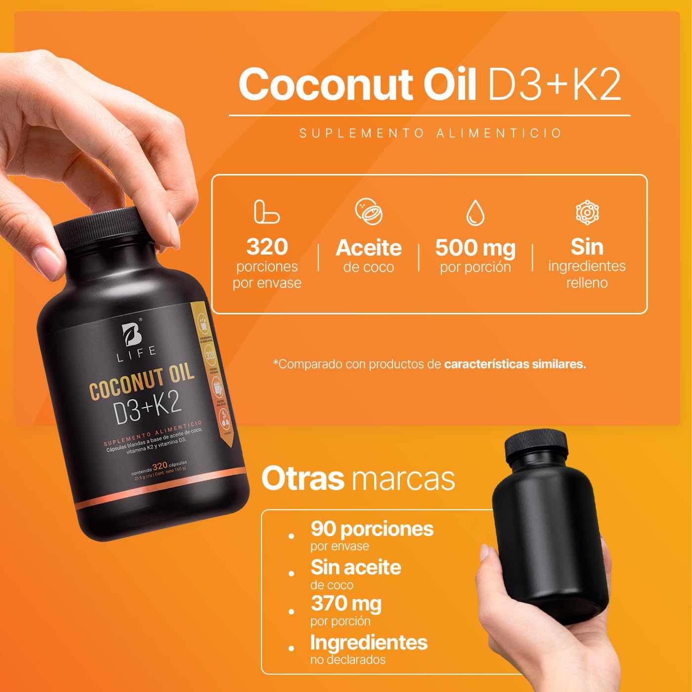 B Life Vitamina D3 400 UI + K2 con 320 Softgels. Alta absorsión. Aceite de Coco, Vitaminas D3 y K2. Ingredientes naturales. Coconut Oil D3 + K2.