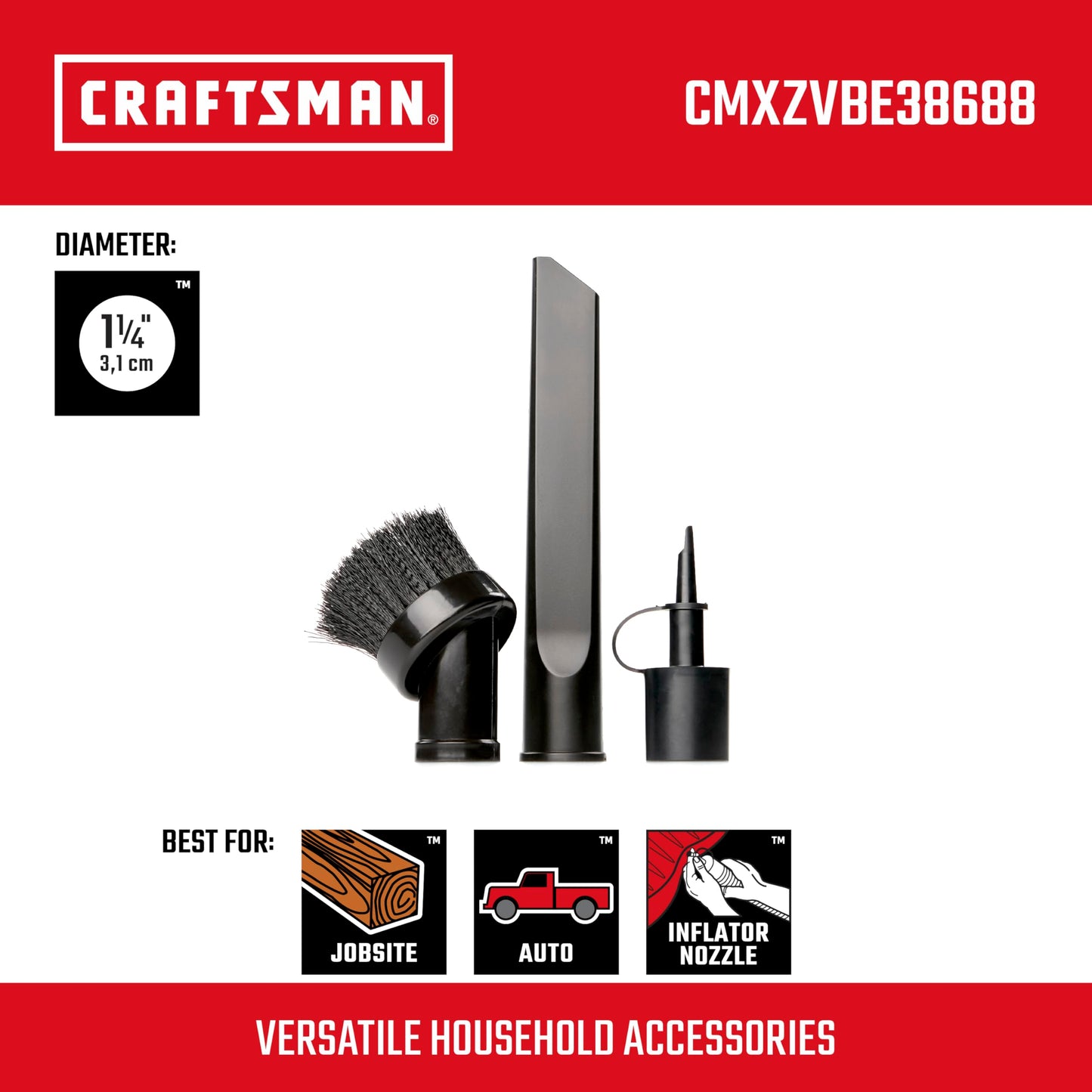 CRAFTSMAN CMXZVBE38688 1-1/4" Kit de Accesorios de 3 Piezas para aspiradora de Grado Industrial para inflar, Quitar el Polvo y Limpiar Detalles, se Adapta a 1-1/4 Pulgadas Diámetro de la Manguera