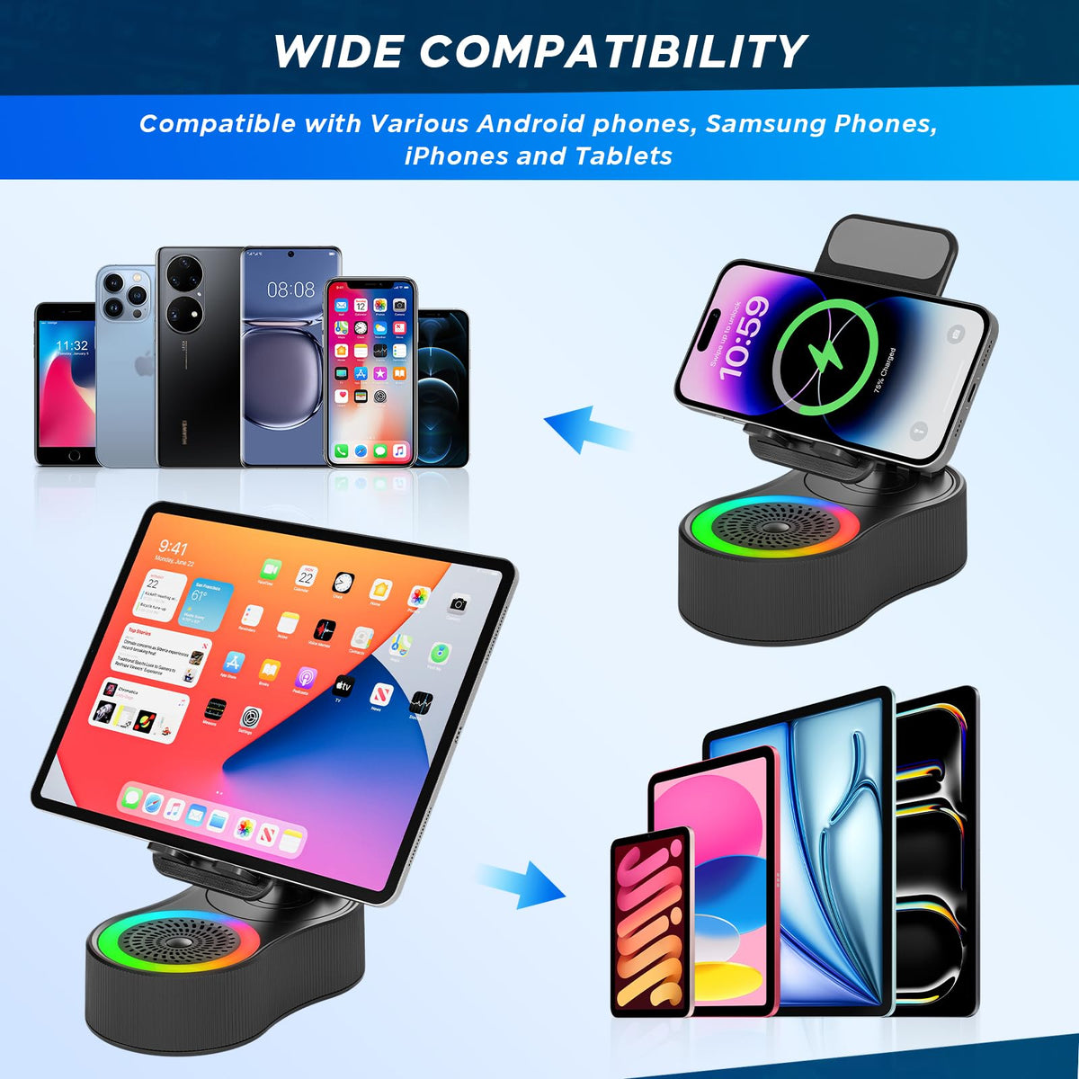 Soporte para Teléfono Celular con Altavoz Bluetooth Inalámbrico Giratorio 360° y Ajustable con Carga para Tableta