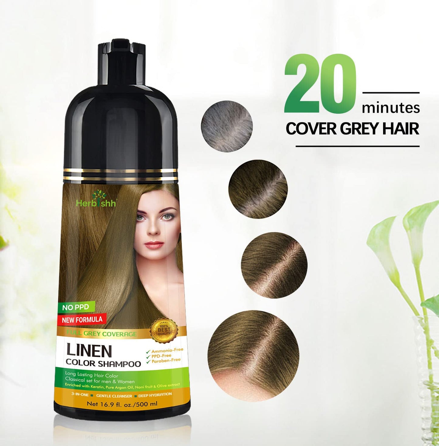 Herbishh - Champú para teñir el cabello gris, champú con tinte natural para el cabello, colorea el cabello en minutos, dura hasta 3 a 4 semanas, 500 ml, tinte de cabello 3 en 1, sin amoniaco | (lino)