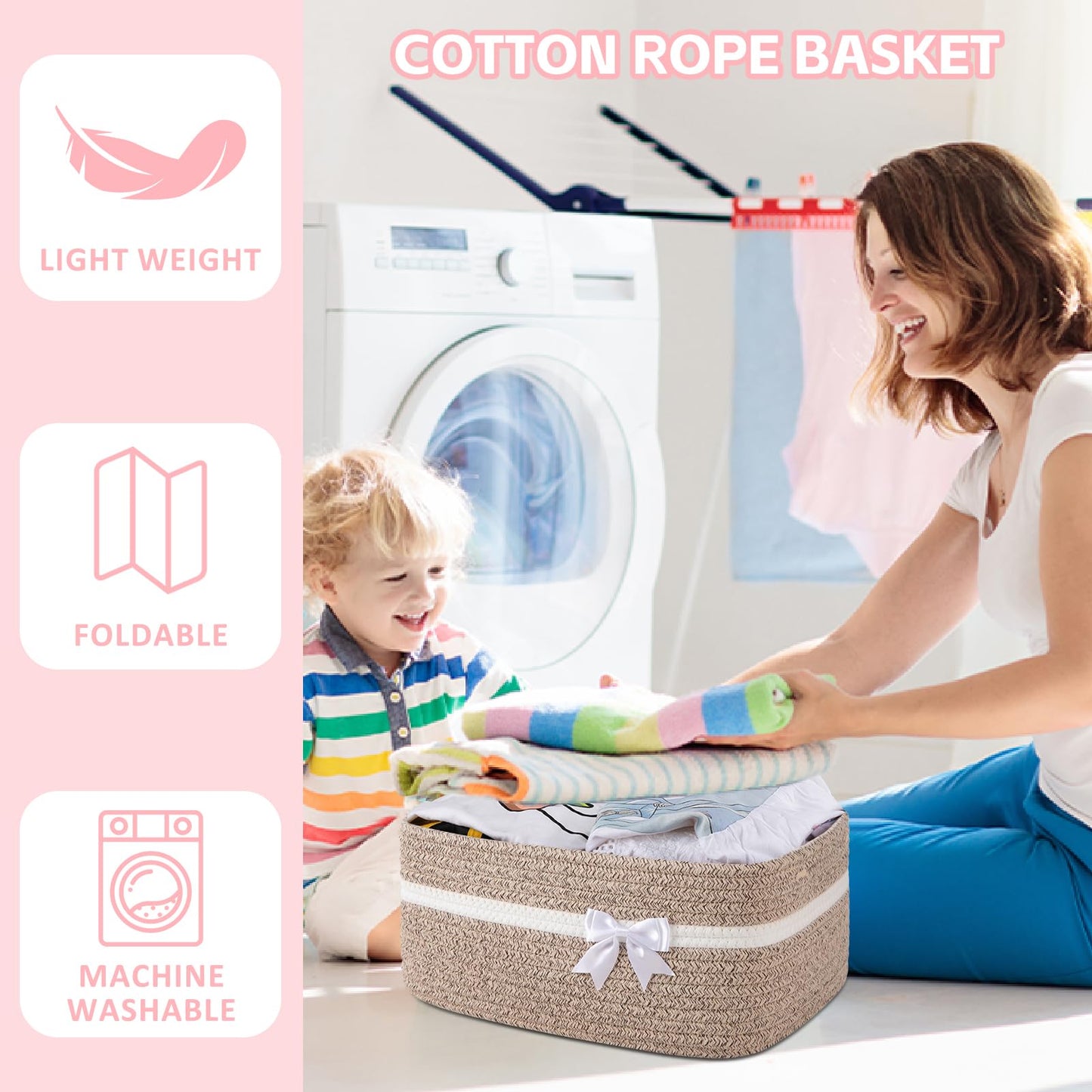 OIAHOMY - Cesta de almacenamiento tejida grande con asas para guardería, estantes de sala de estar, cesta de lazo para regalos vacía con bolsas de regalo y cintas para baby shower, contenedor de