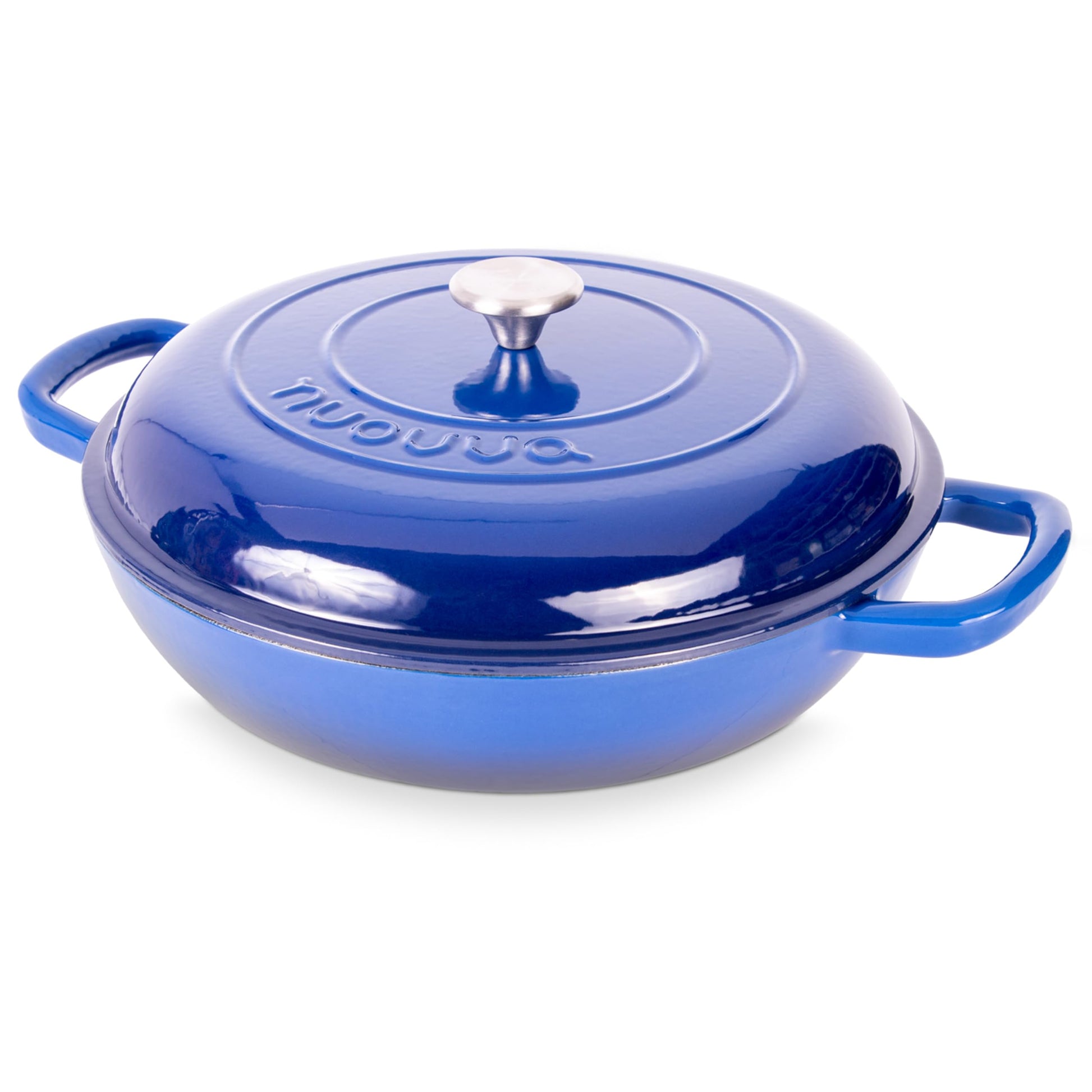 Nuovva - Cacerola de hierro fundido poco profunda con tapa, olla antiadherente para horno holandés, utensilios de cocina resistentes a prueba de horno, olla esmaltada, color azul oscuro, 5 cuartos de galón, 32 cm