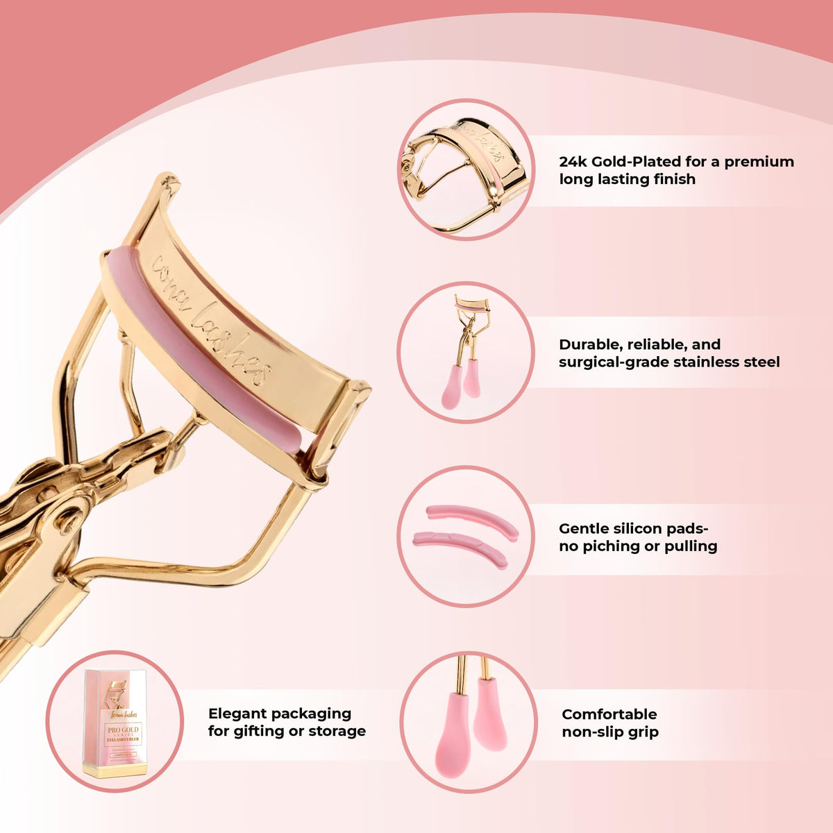 Eyelash Curler for Lush, Luxurious Lashes || 24K Gold Plated Stainless Steel with Silicone Pad & Ergonomic Silicone Cushioned Handles || Comes with Ex