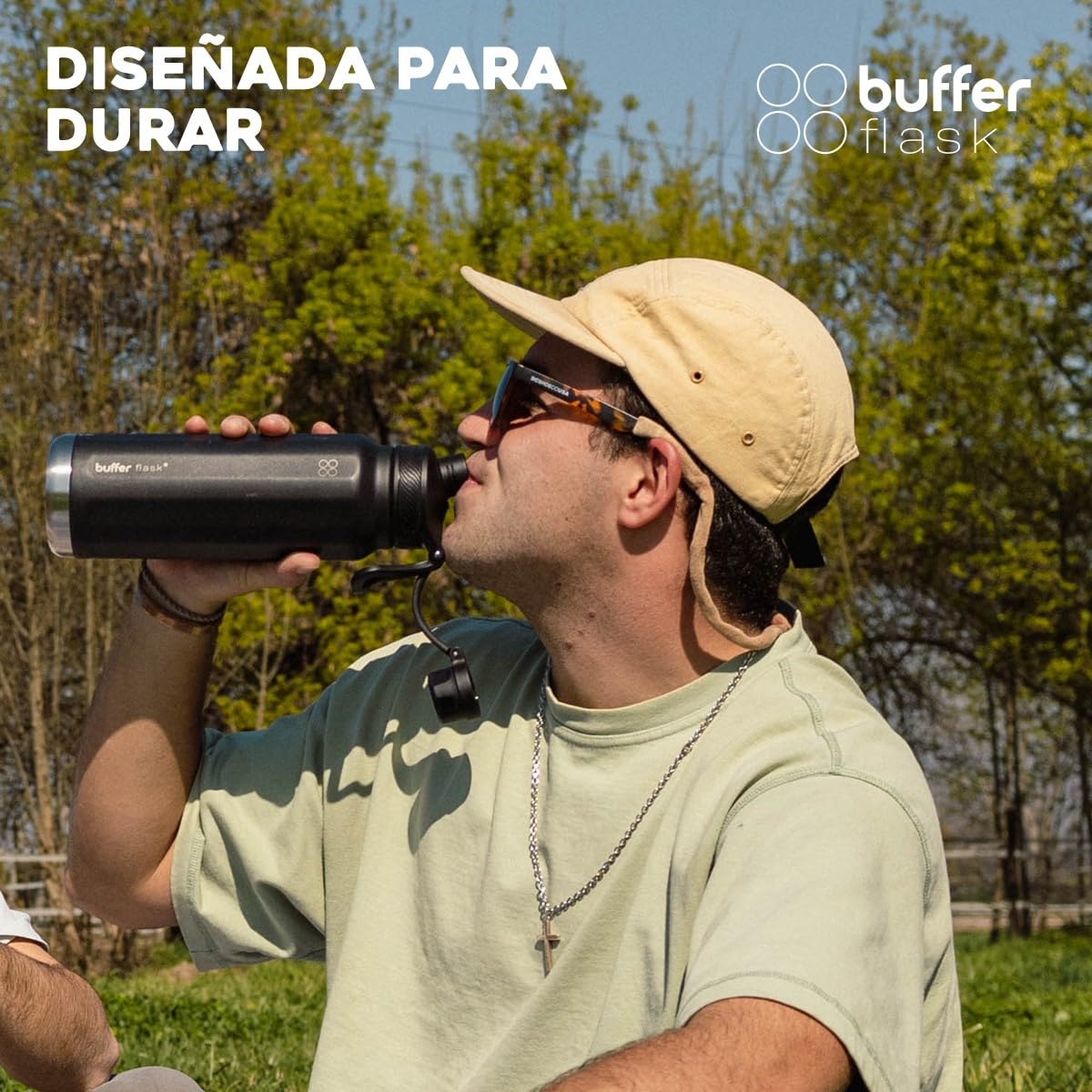 BUFFER FLASK - Termo de Acero Inoxidable | Botella Aislante para Bebidas, Agua Fría (24 horas) o Caliente (12 horas) | Antigoteo, Hermético| Incluye tapas | 1000 ml - 32 Oz| Color Black