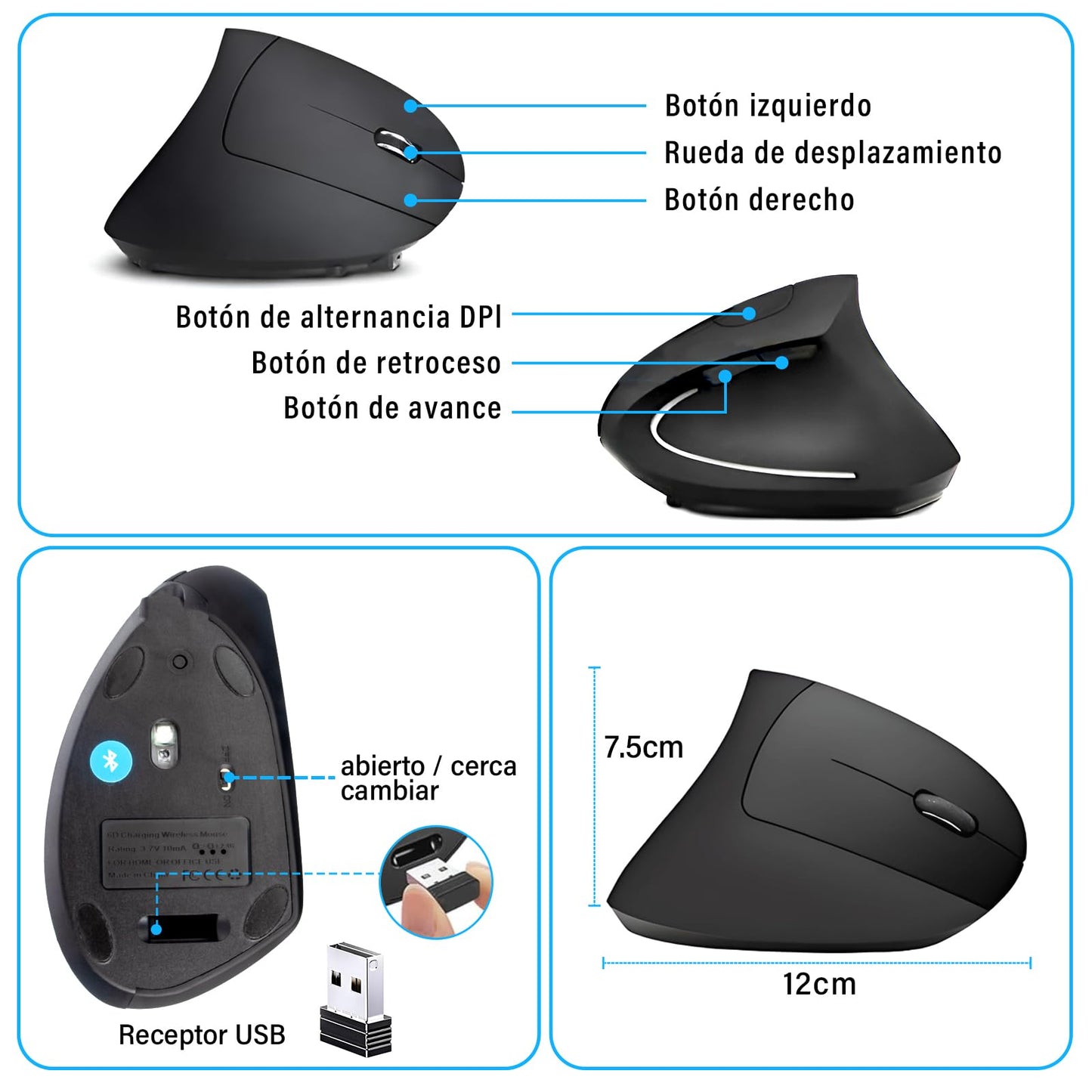 KIROGILY Mouse Inalámbrico Ergonómico Recargable, Mouse Vertical de Bluetooth y 2.4Ghz con 3 DPIs Ajustables, Mouse Mate de 6 Botones con Receptor USB, Compatible con Sistema Windows y Mac.(Negro)