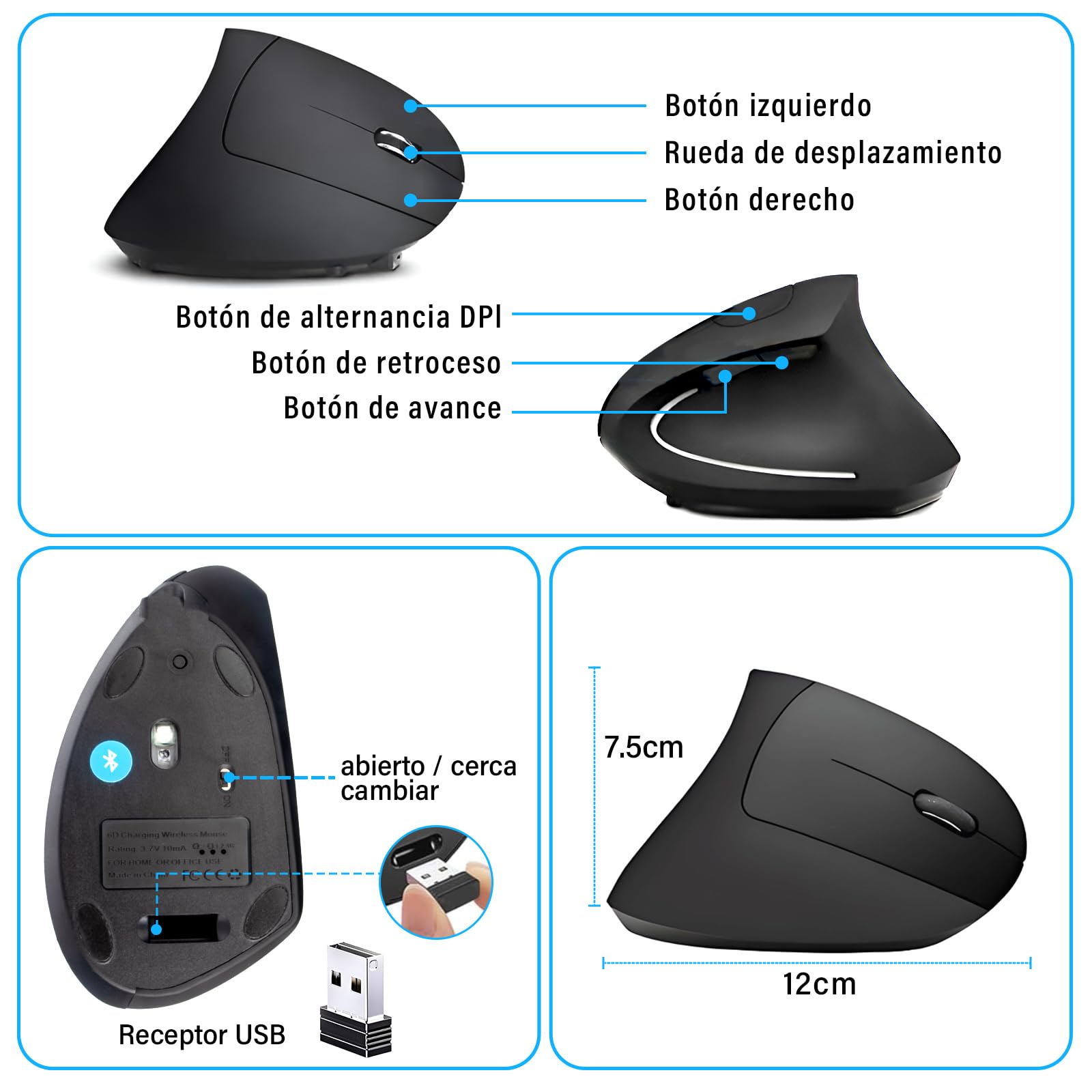 KIROGILY Mouse Inalámbrico Ergonómico Recargable, Mouse Vertical de Bluetooth y 2.4Ghz con 3 DPIs Ajustables, Mouse Mate de 6 Botones con Receptor USB, Compatible con Sistema Windows y Mac.(Negro)