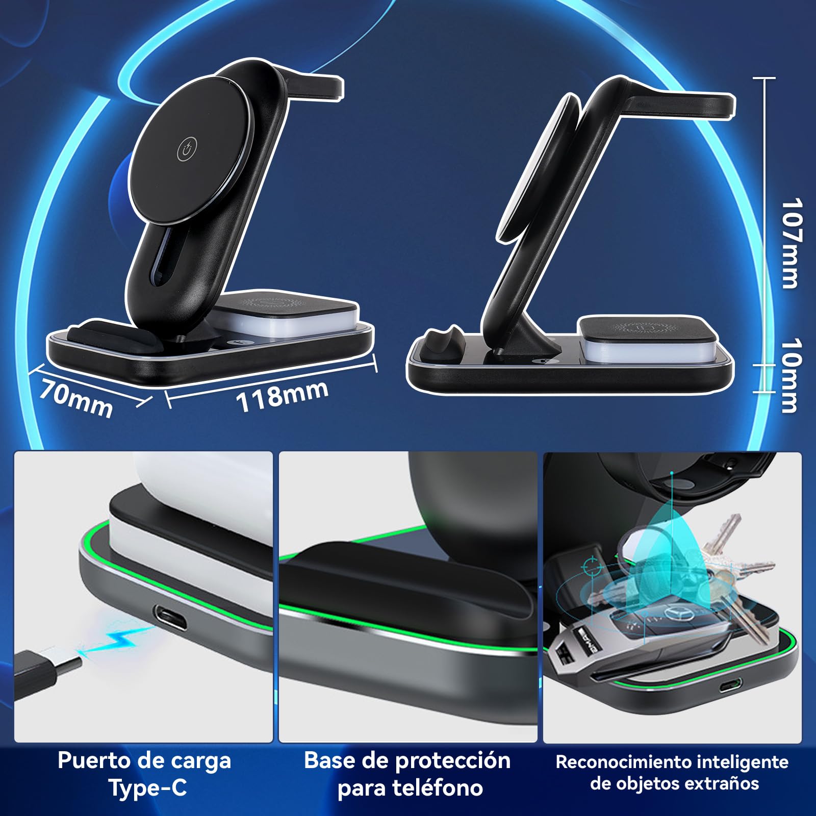 Cargador Inalámbrico 5 en 1 con 18W Cable USB-C a C de 1M y Luz Ambiental en 3 Colores,Altura Ajustable,Compatible con Samsung Galaxy,iPhone 12/13/14/15/16 Pro Max,AirPods 2/3/4/Pro y Apple Watch