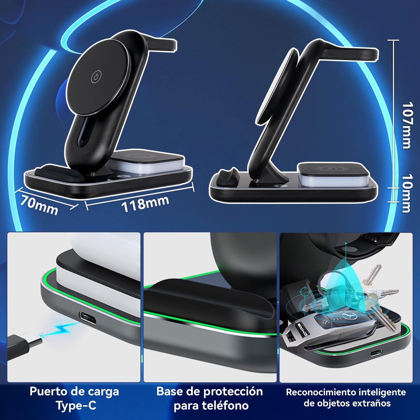 Cargador inalámbrico 3 en 1,Estación de Carga con 18W Cable de 1M y Luz Ambiental,Compatible con Samsung Galaxy,iPhone 12/13/14/15/16/Pro/Pro Max,AirPods 2/3/4/Pro y Apple Watch SE/10/9/8/7/6/5/4