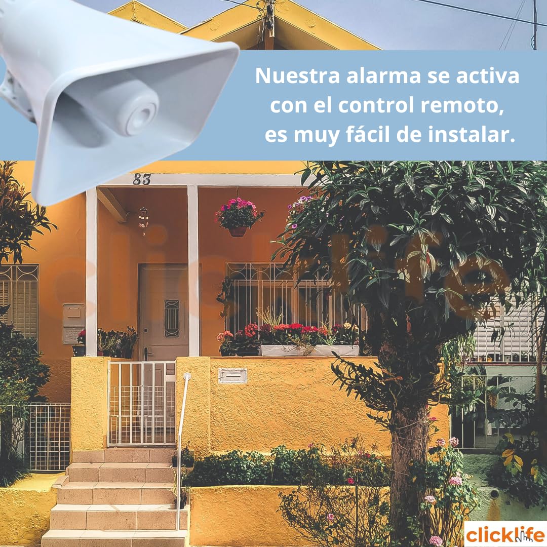 Clicklife - Sirena Alarma Vecinal 30W con 1 Control Remoto Sonido Potente de 100 m (229 dB) | Seguridad para Casa Negocio Escuela Fácil de Instalar Resistente al Clima con Frecuencia de 433 MHz