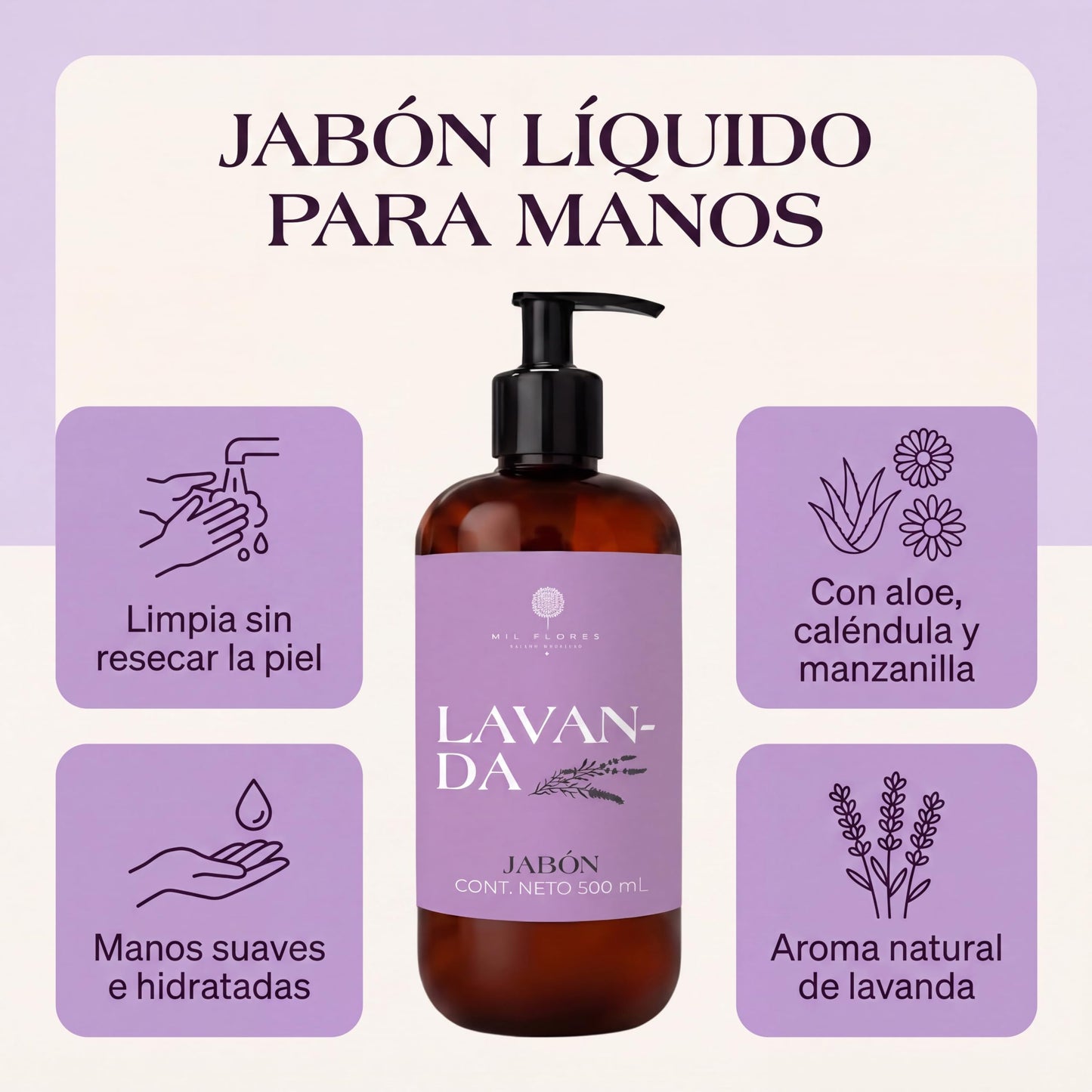 Mil Flores — Jabón Líquido Premium para Manos 500 ml LAVANDA | Ritual de Aromaterapia | Hidrata y Cuida la Piel | Esencias 100% Naturales