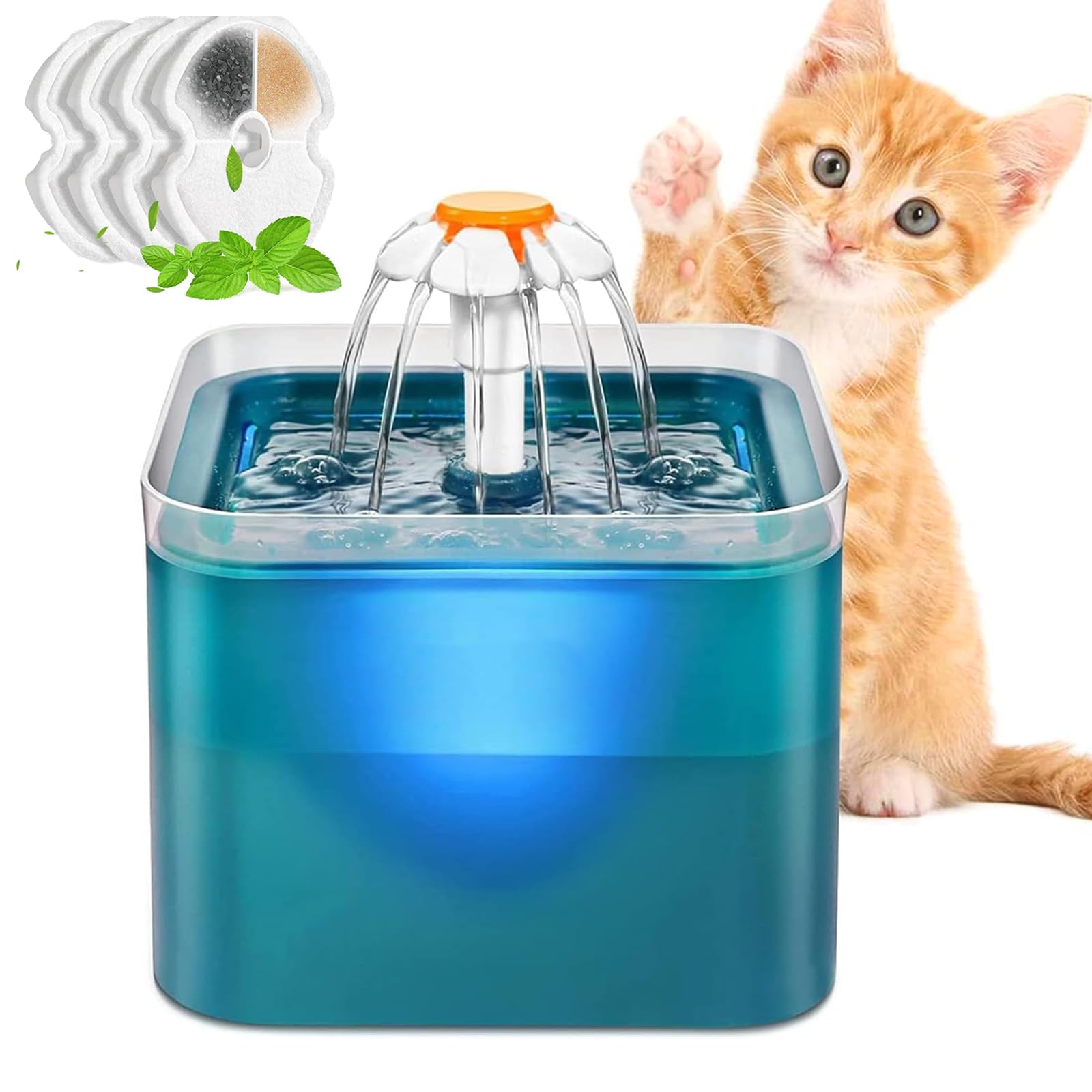 LCNBNM Fuente de Agua para Gato con Luz LED, 67oz/2 L Bebedero para Gato, Ultra Silenciosa, Bebedero para Perro Gatos con Filtros, para Gatos, Perros y Mascotas, Sin BPA