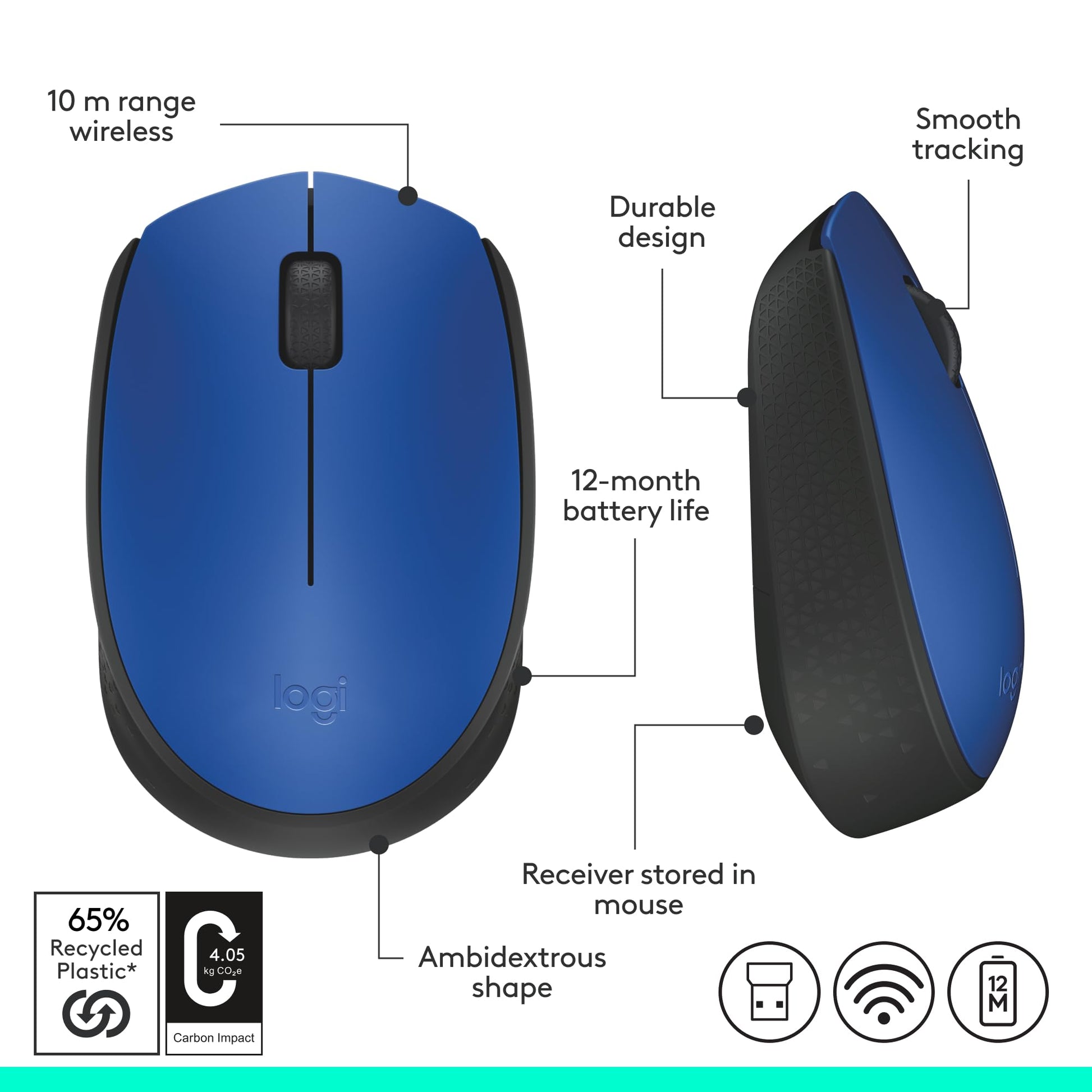 Logitech M170 Mouse Inalámbrico, con tecnología 2,4 GHZ, batería de hasta 12 Meses con modo ahorro, Receptor USB, Cursor y Desplazamiento Preciso, Compatible con Windows, Mac y Chrome - Azul