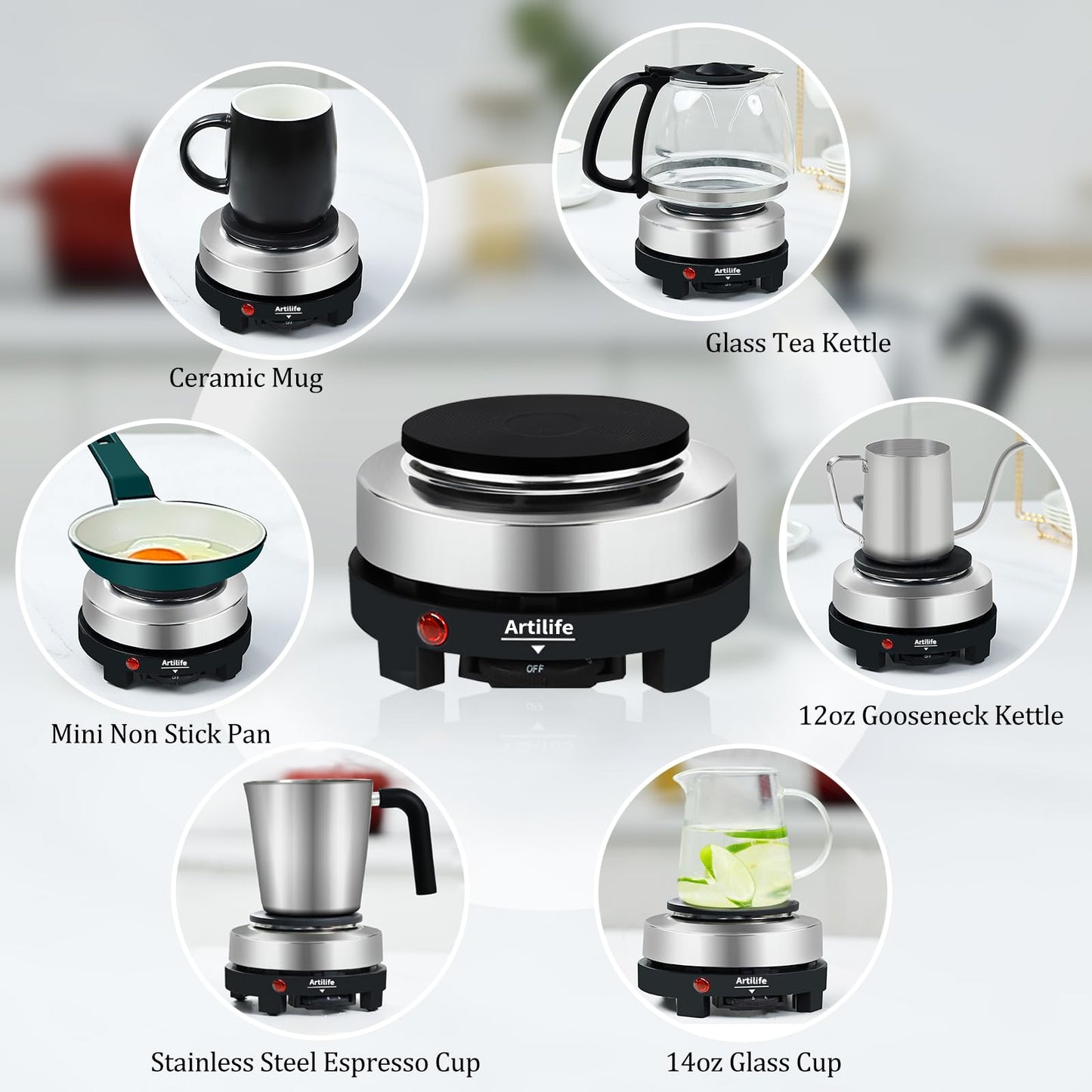 Artilife - Mini placa caliente pequeña de 500 W, placa caliente eléctrica pequeña de 500 W, mini estufa portátil, calentador eléctrico de cocina, tamaño perfecto para olla Moka 110 V