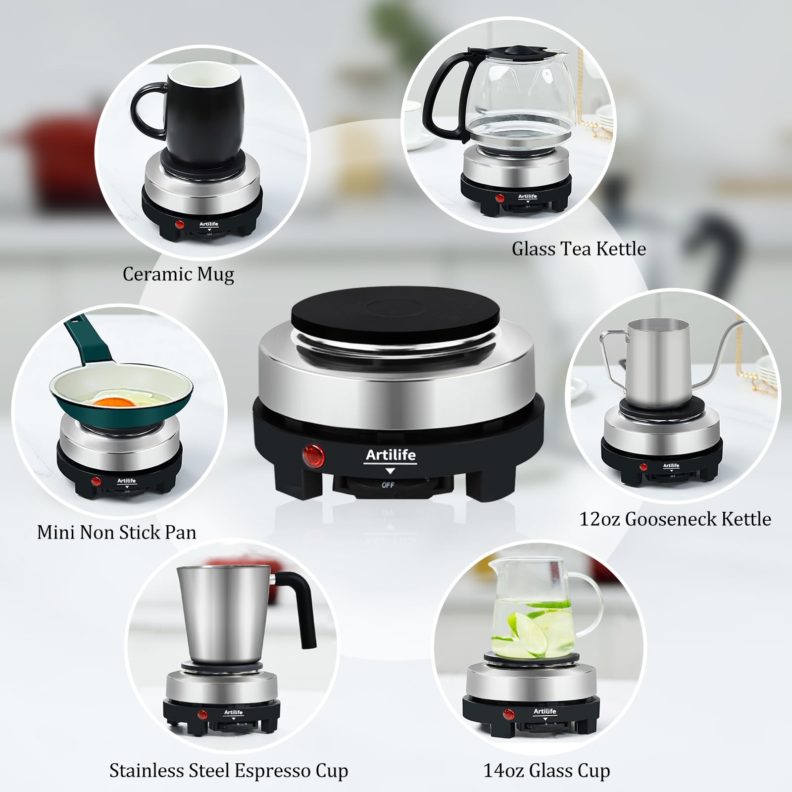 Artilife - Mini placa caliente pequeña de 500 W, placa caliente eléctrica pequeña de 500 W, mini estufa portátil, calentador eléctrico de cocina, tamaño perfecto para olla Moka 110 V