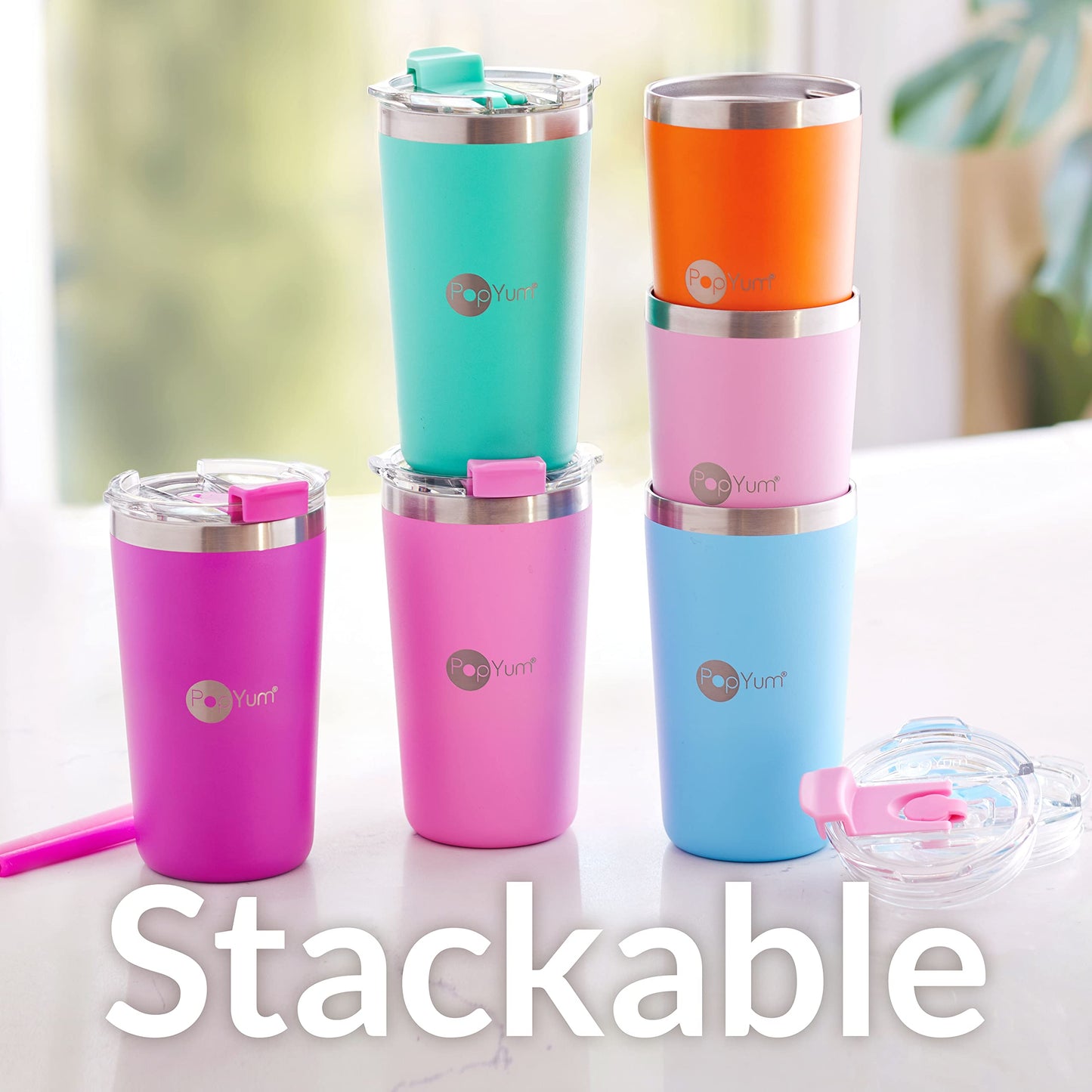 PopYum Vasos Térmicos Anti Derrame de acero inoxidable para niños de 13 onzas con tapa y popote paquete de 2 rosa y verde