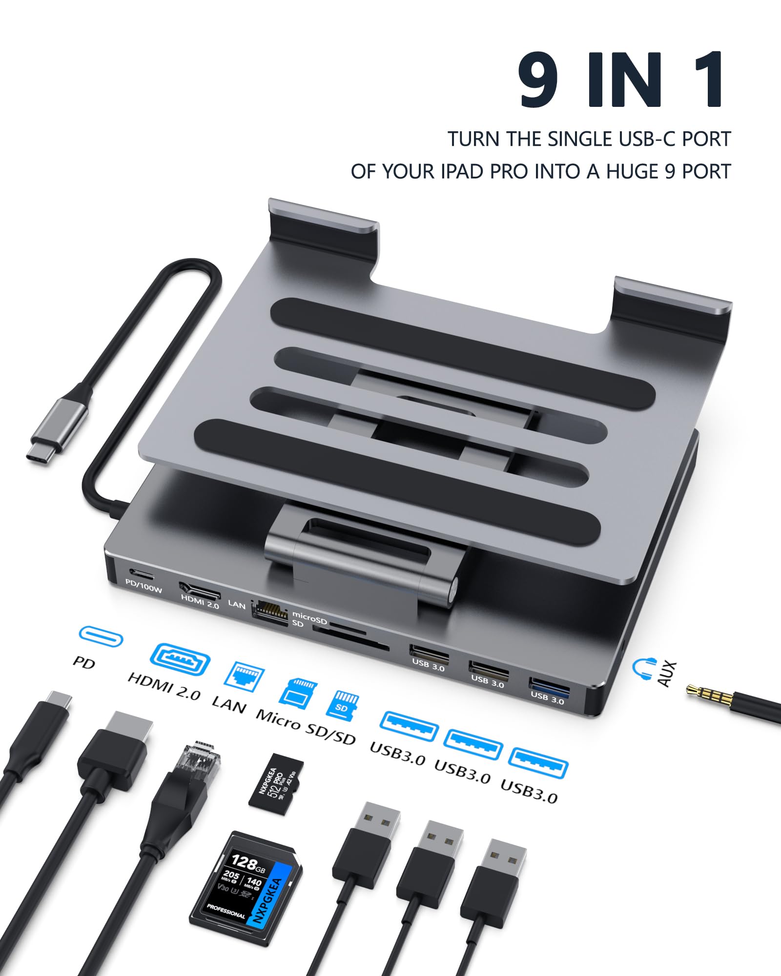 iPad Pro USB C Hub Stand, 9-in-1 Adapter for iPad Pro M4 M2 13 12.9 11 Inch Docking Station Foldable with 4K 60Hz HDMI, RJ45 Gigabit Ethernet, SD/TF Card Reader, 3 USB 3.0, 3.5 mm Audio, iPad Air