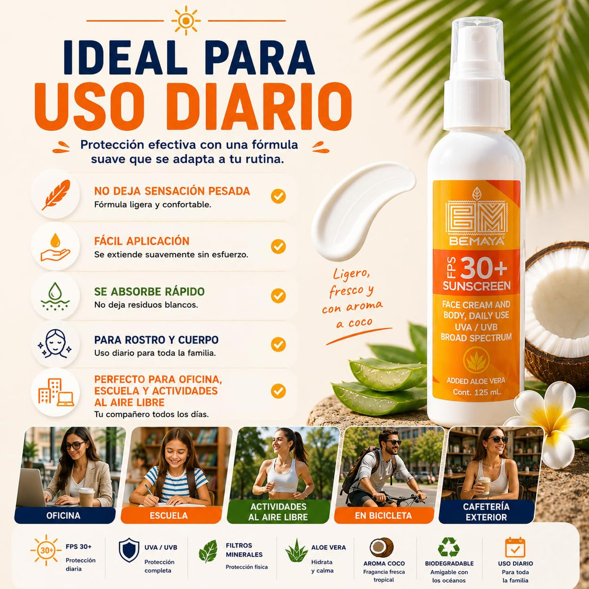 Bloqueador Solar Mineral Bemaya Coco FPS 30+ Biodegradable para Piel Sensible
