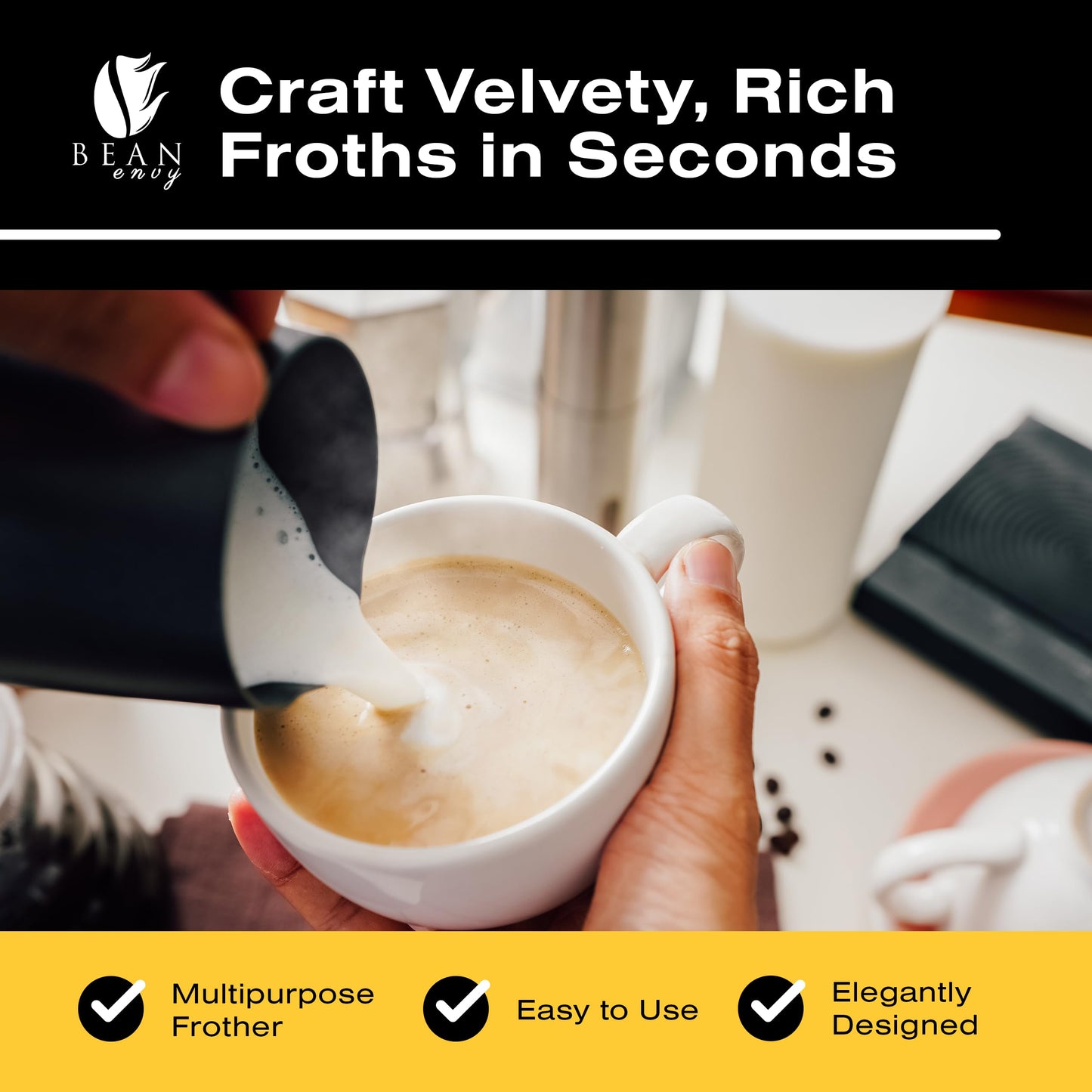 Bean Envy - Espumador de leche de mano para café, batidora de mano eléctrica, mini batidora de bebidas y varita espumadora de café con soporte para café con leche, capuchino, matcha y chocolate