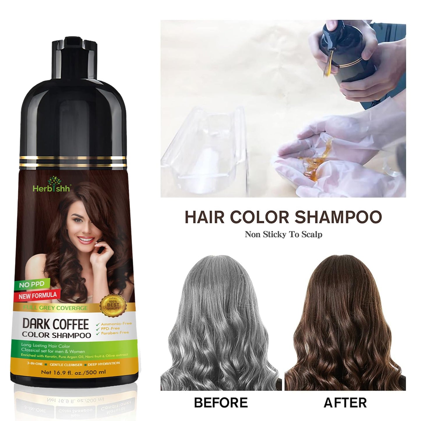 Herbishh Hair Color Shampoo for Gray Hair – Natural Hair Dye Shampoo – Lasts Up To 3-4 Weeks – 500 Ml – 3-In-1 Hair Color – Ammonia-Free | Herbishh (Dark Coffee)