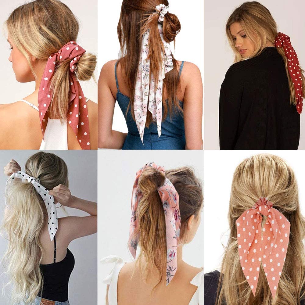 Pack de 12 Scrunchies de Gasa con Estampado Floral - Accesorios Vintage para Peinado - Coleteros Elásticos para Mujer y Niña - Ligas para el Cabello Bowknot - Set de Coleteros de Moda.
