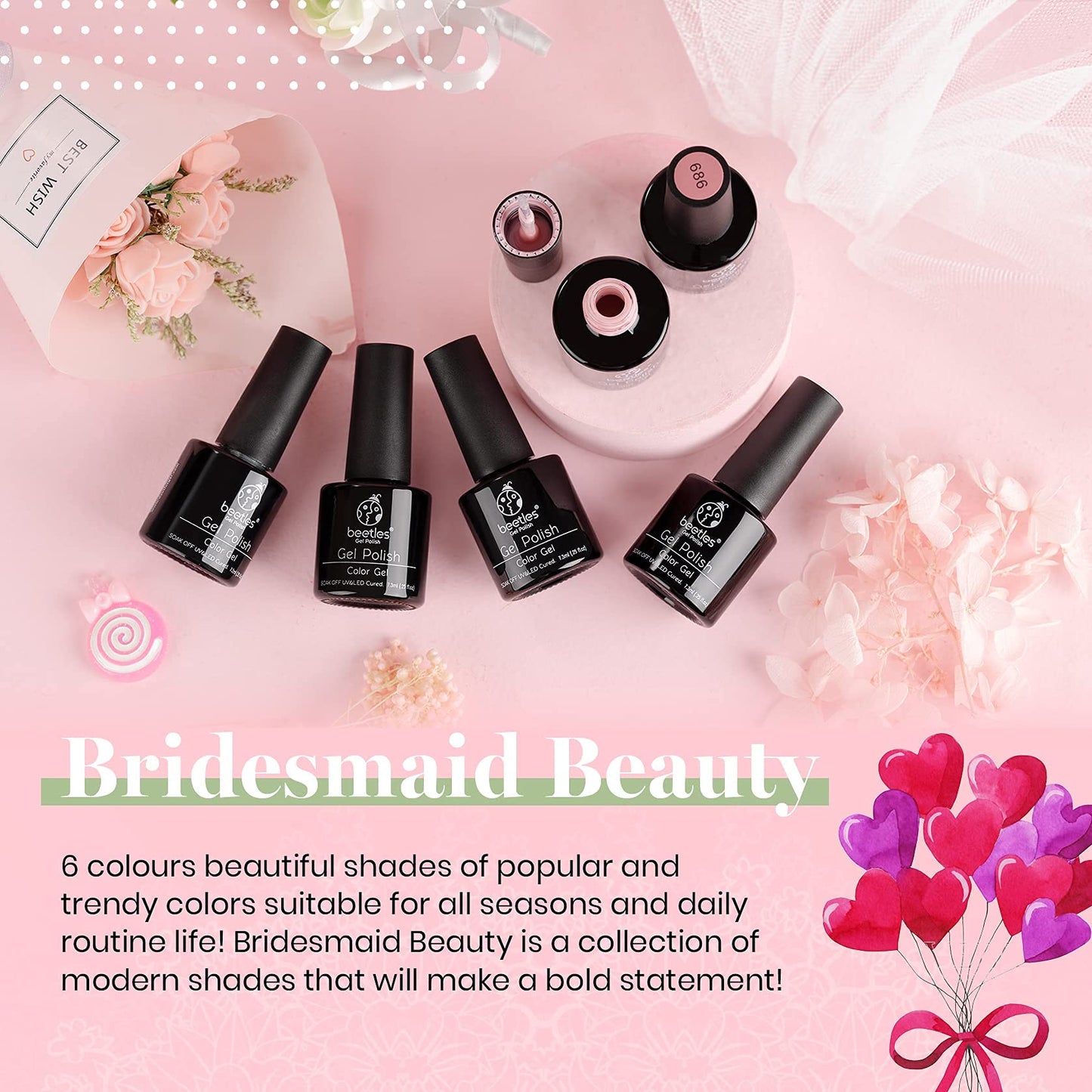 Beetles Belleza de Dama de Honor Juego de Esmaltes en Gel Clásico -Desnudo Gris Rosa 6 Colores Kit de Esmalte de Gel Para Boda Empapa Lámpara LED Kit de Manicura de Gel de Esmalte de Uñas
