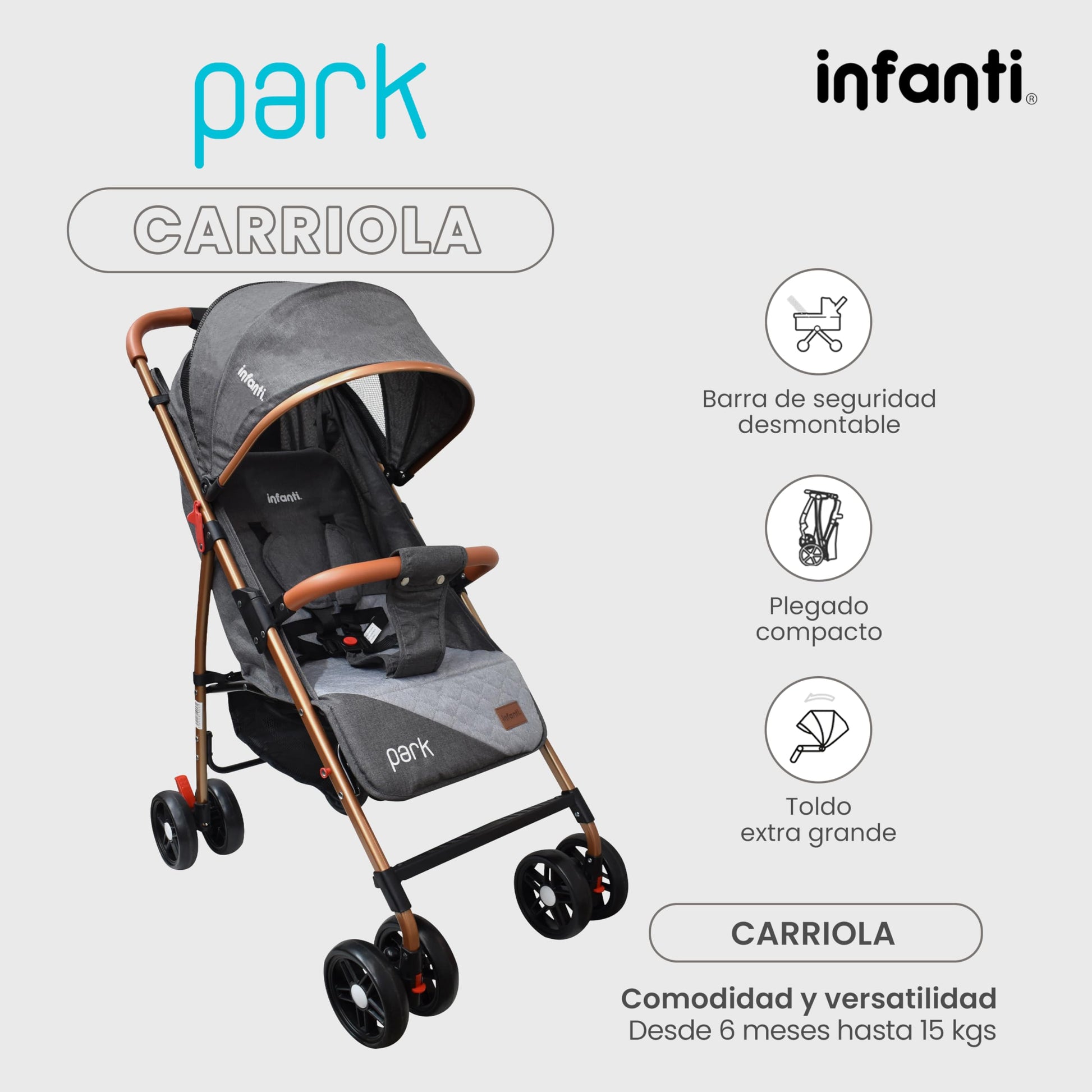 INFANTI | Carriola para Bebe PARK | Carreola con Portabebé - Carriola de Viaje - Carrito para Bebe | Cosas para Bebes 6 Meses hasta 15 kg - Compacta y Plegable | con Barra de Seguridad Desmontable (Gris)