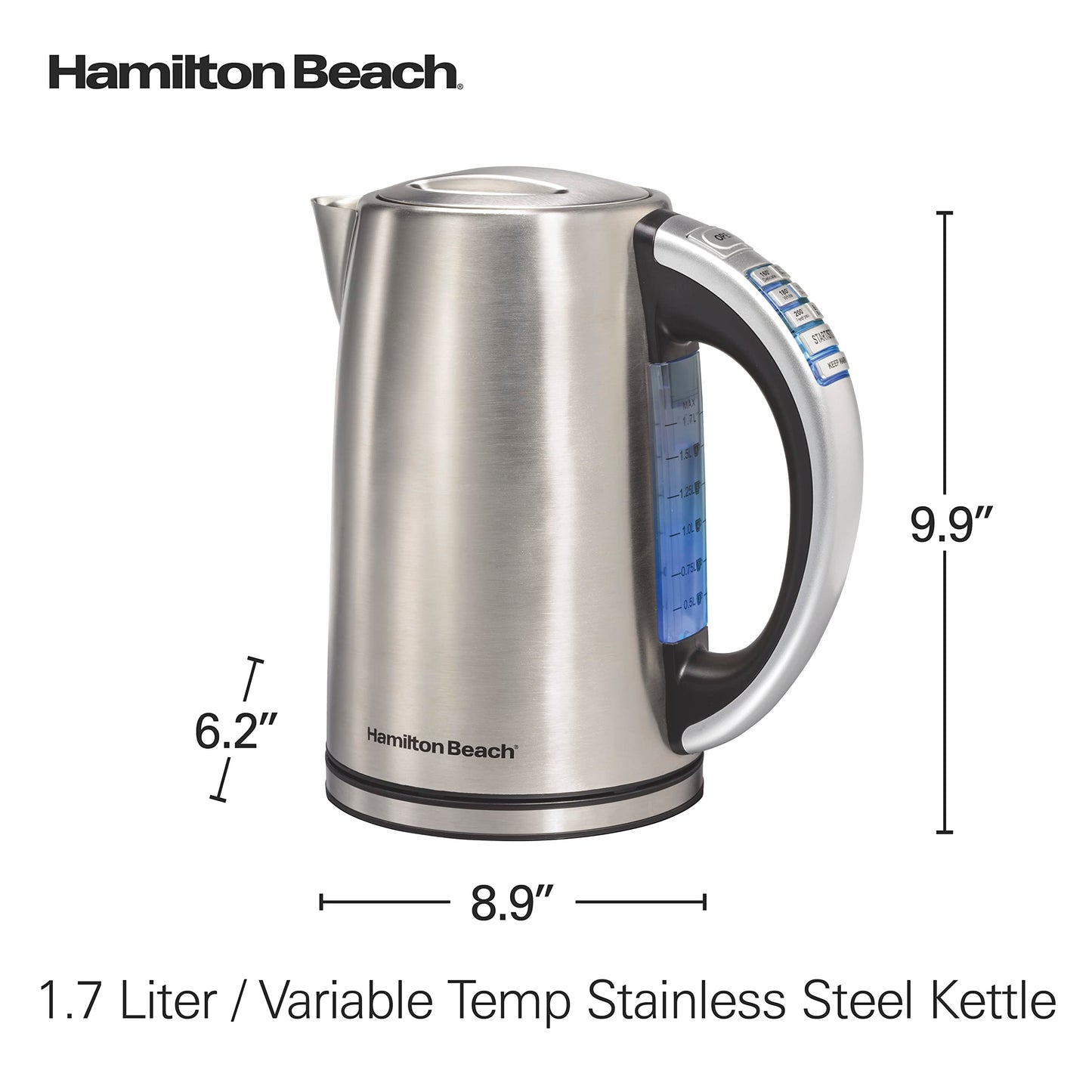 Hamilton Beach Tetera Eléctrica de Temperatura Variable, Capacidad para 1.7 L, Acero Inoxidable (41020R)