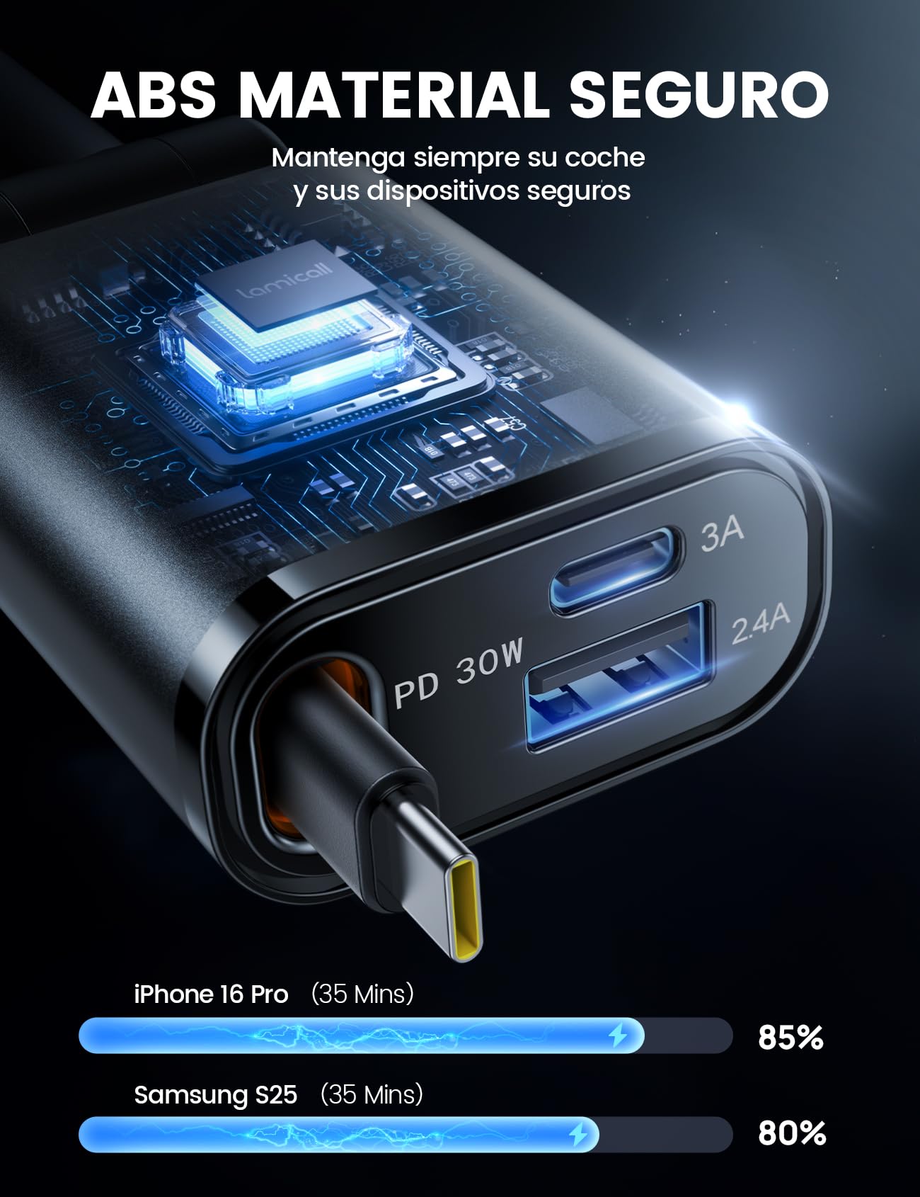 Lamicall 3 in 1 Retráctil Cargador para Auto -【Super Compacto】 57W Cargador para Carro Carga Rápida with Cable Tipo C/USB C/USB A, 12V/24V Socket for iPhone 16/15/14/13, Galaxy S25/S24 Ultra, Android