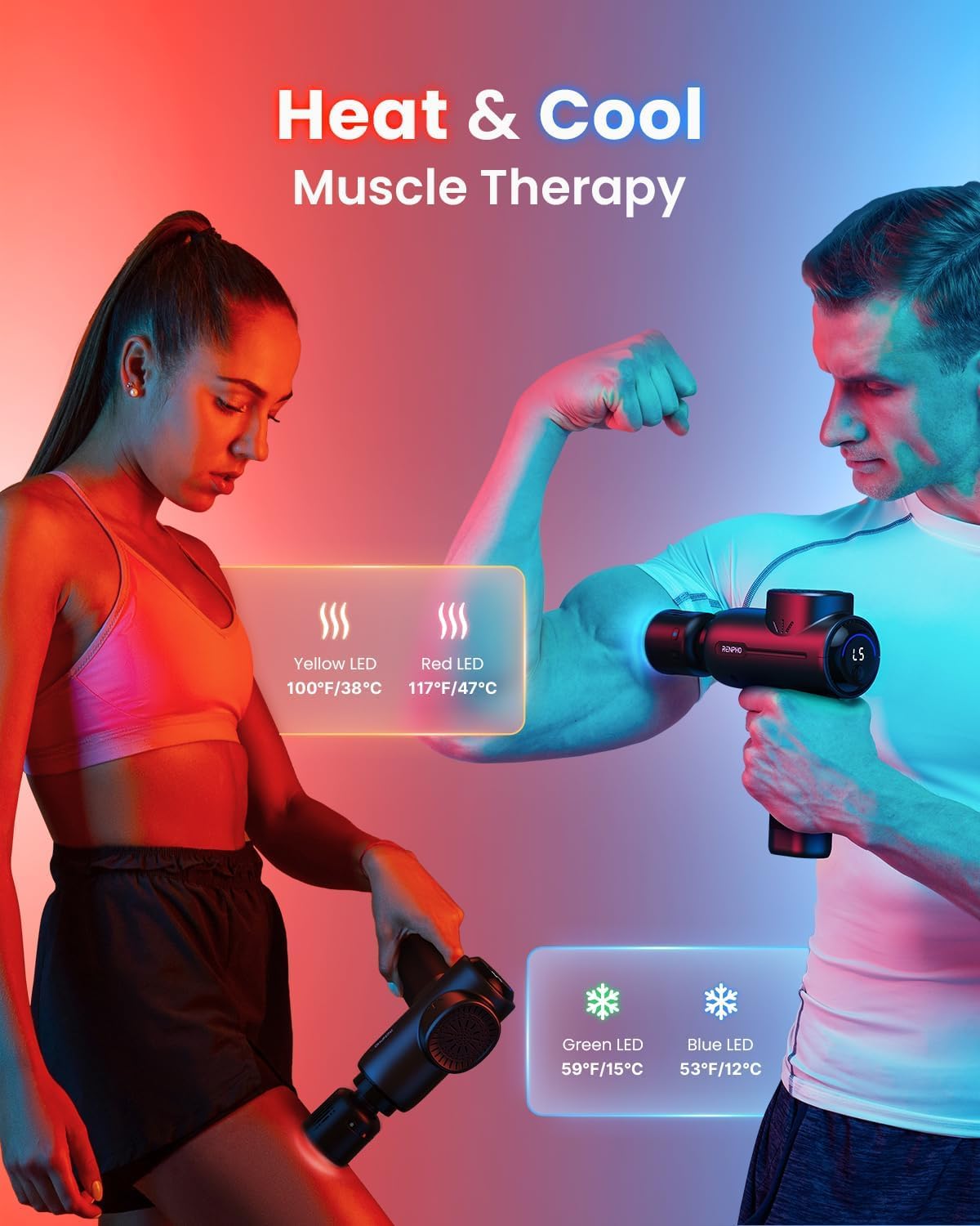 RENPHO Pistola de masaje con calor y frío, pistola de masaje de tejido profundo muscular de percusión con Bluetooth, pistola masajeadora de mano, regalos para hombres mujeres, Active+ Thermacool