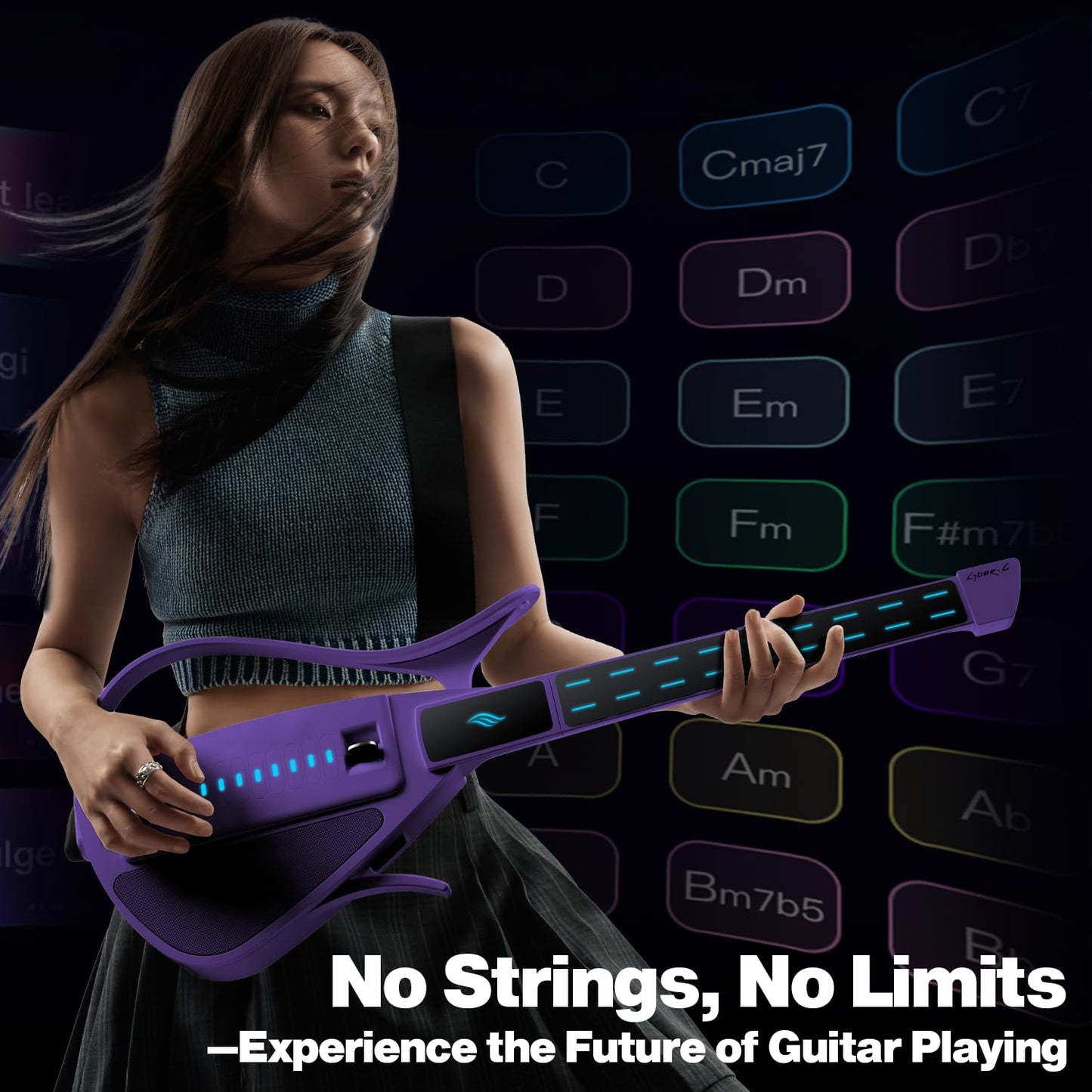Enya CYBER-G Guitarra inteligente sin cuerdas, portátil plegable de viaje con acordes controlados por aplicaciones, cientos de sonidos de instrumentos, altavoz integrado y máquina de tambor