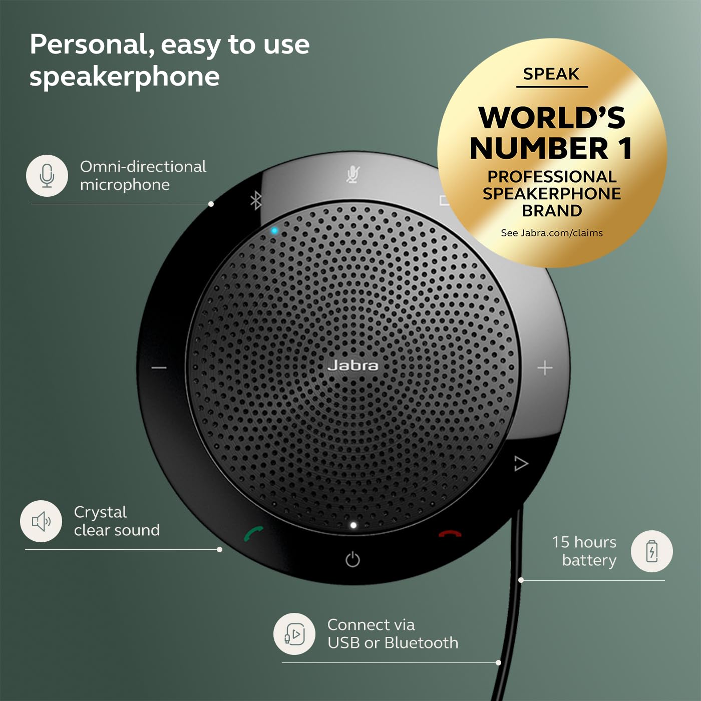 Jabra Speak 510 (edición 2025) Altavoz portátil, USB o inalámbrico Bluetooth para reuniones y Llamadas con Sonido cristalino, Funciona con Todas Las Plataformas de reuniones, Microsoft Teams, Google