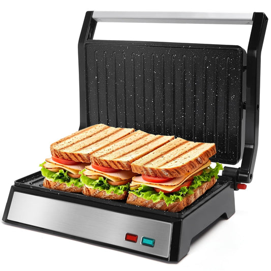 Aigostar Prensa Panini, 1200 W, Parrilla Eléctrica Interior, Placas de Cerámica Antiadherentes, Abre 180° para Adaptarse a Cualquier Tamaño de Alimentos, Negro