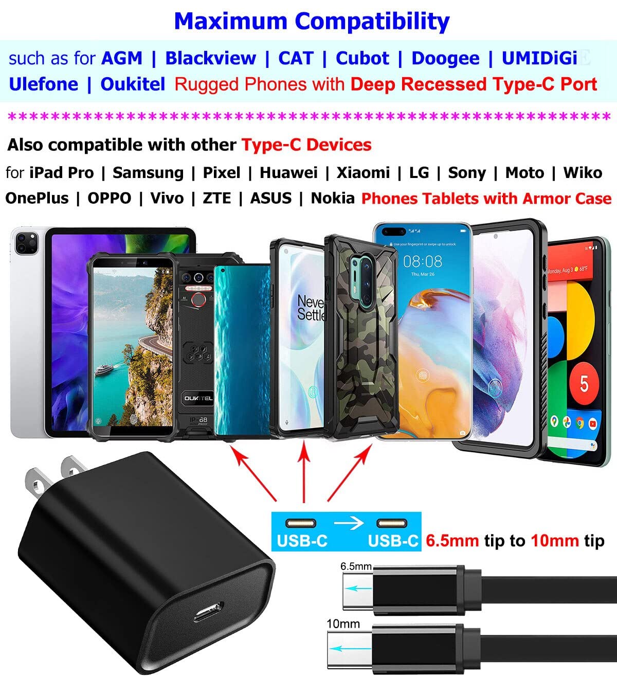 Cargador USB C 30W UNIDOPRO Blanco Rápida PD 3.0 con Cable Plano USB-C para Móviles Resistentes