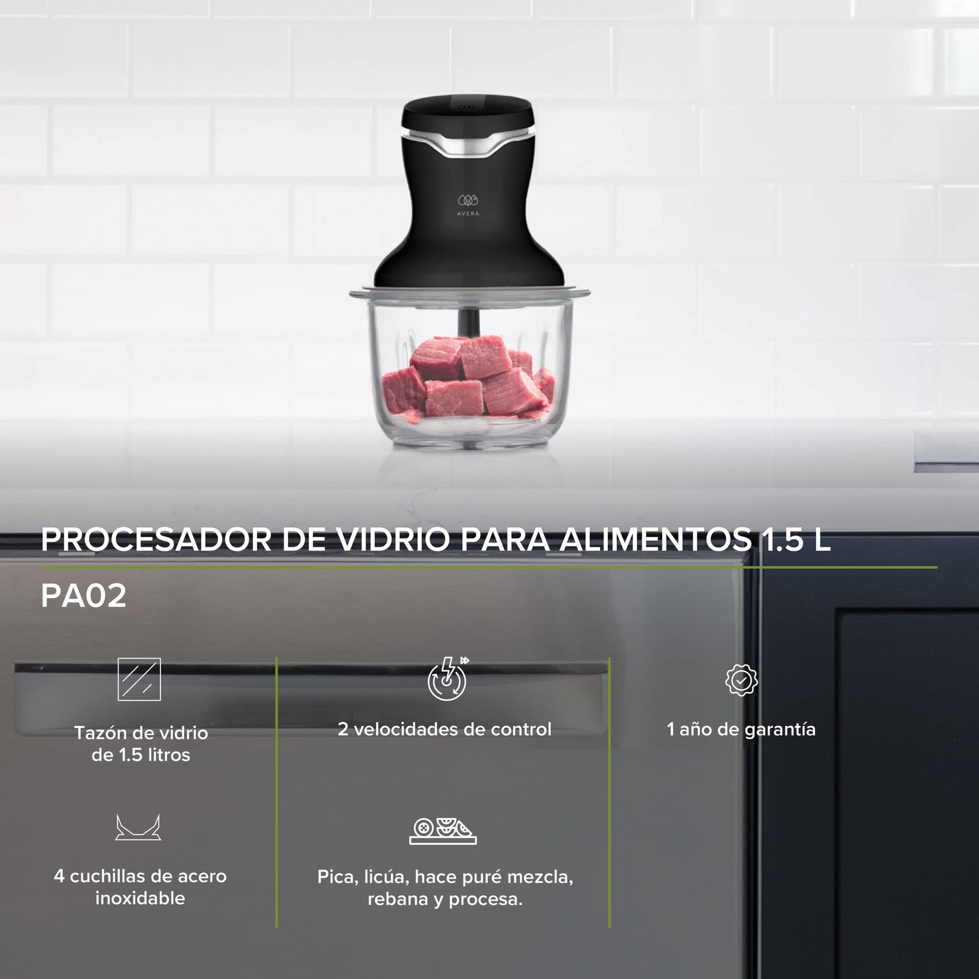 AVERA Procesador de Alimentos de Vidrio, (Pica, Licua, Ideal para Puré y Mezclar una Gran Variedad de Alimentos en Instantes) Food Processor Color Negro, PA02