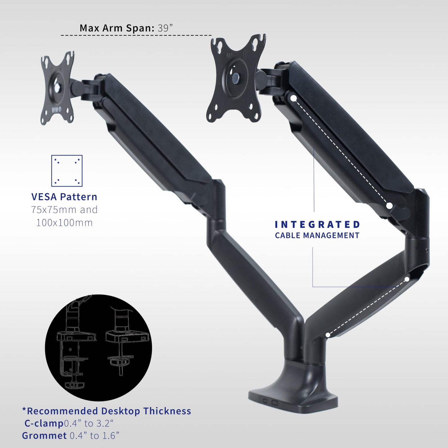 Brazo de Aluminio VIVO Negro para Monitores Ultra Anchos de hasta 35 Pulgadas con Altura Neumática y Montaje VESA 100 x 100