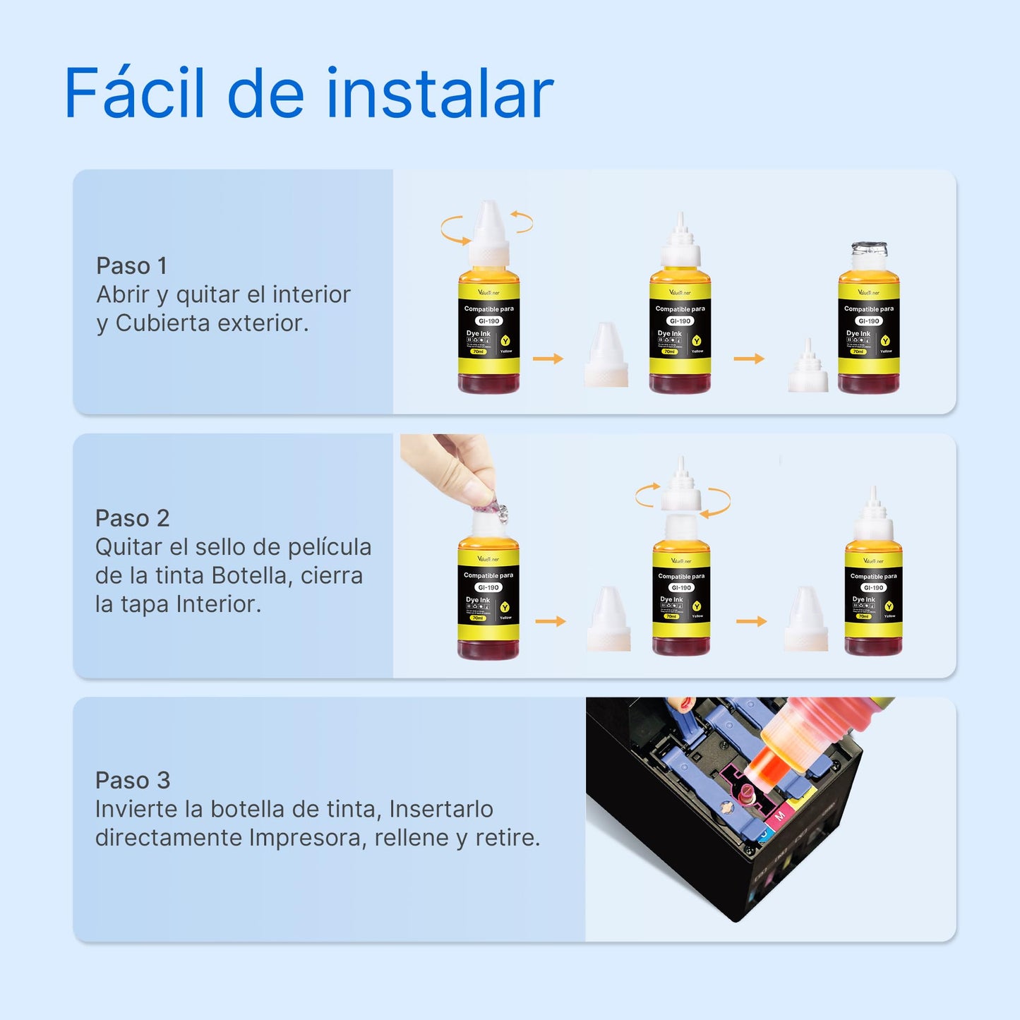 Botella de Tinta Valuetoner Compatible para Canon Negro Magenta Cian Amarillo Kit 4 Botellas
