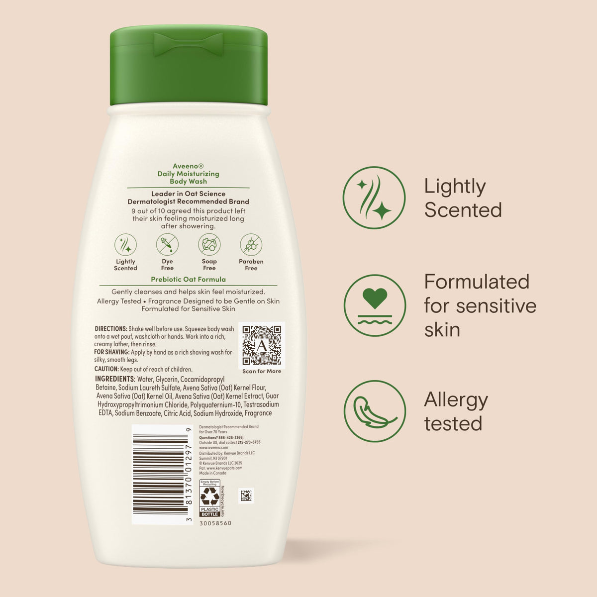AVEENO Gel de Baño Hidratante con Avena Prebiótica – Jabón Líquido Corporal para Piel Seca y Sensible – Sin sulfatos ni parabenos – Aroma ligero – Paquete doble 2×532 ml