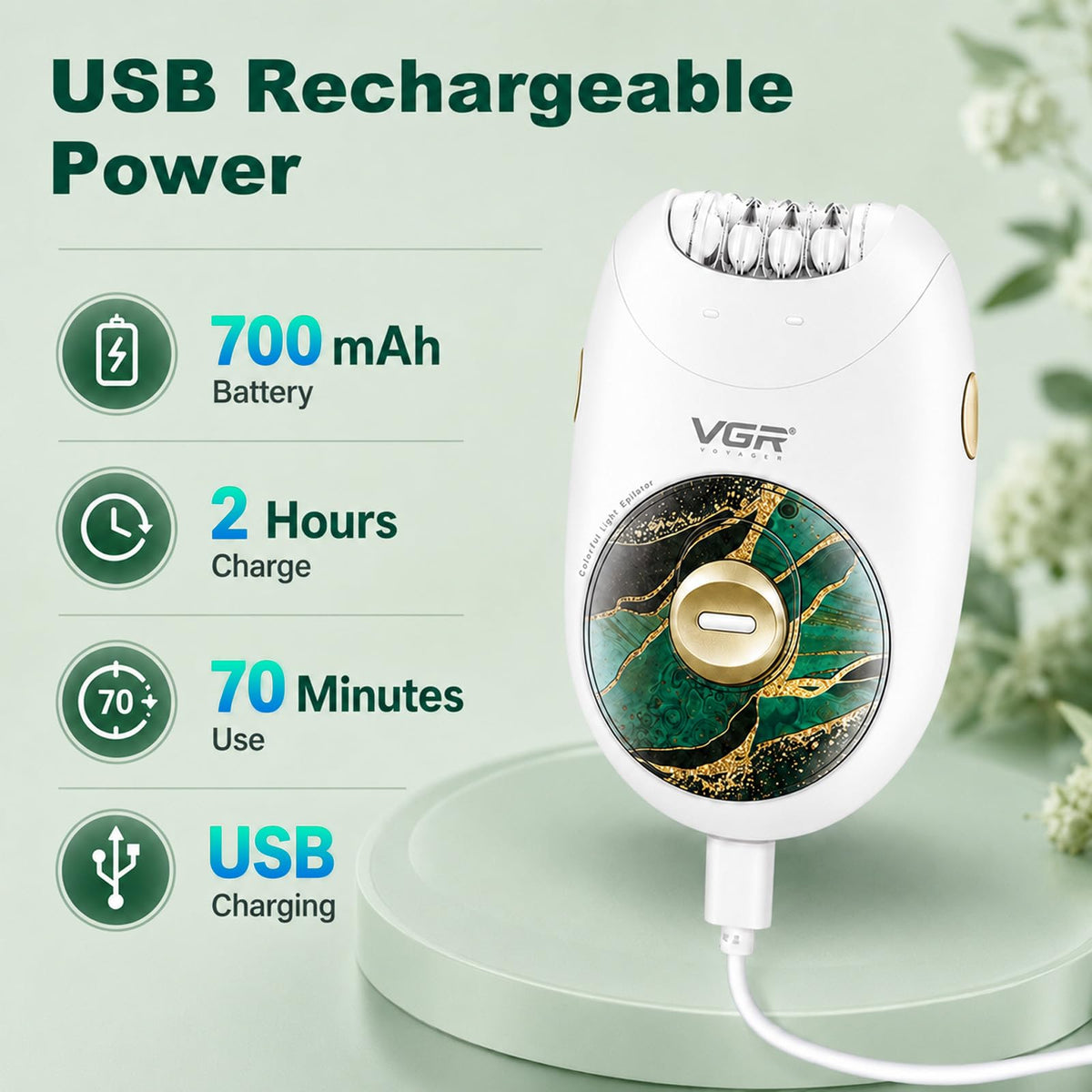 VGR706 Depiladora profesional para mujeres, dispositivo portátil inalámbrico de depilación mejorado, funcionamiento suave, diseño silencioso, sistema de 18 pinzas, depiladora recargable de cuerpo (verde)