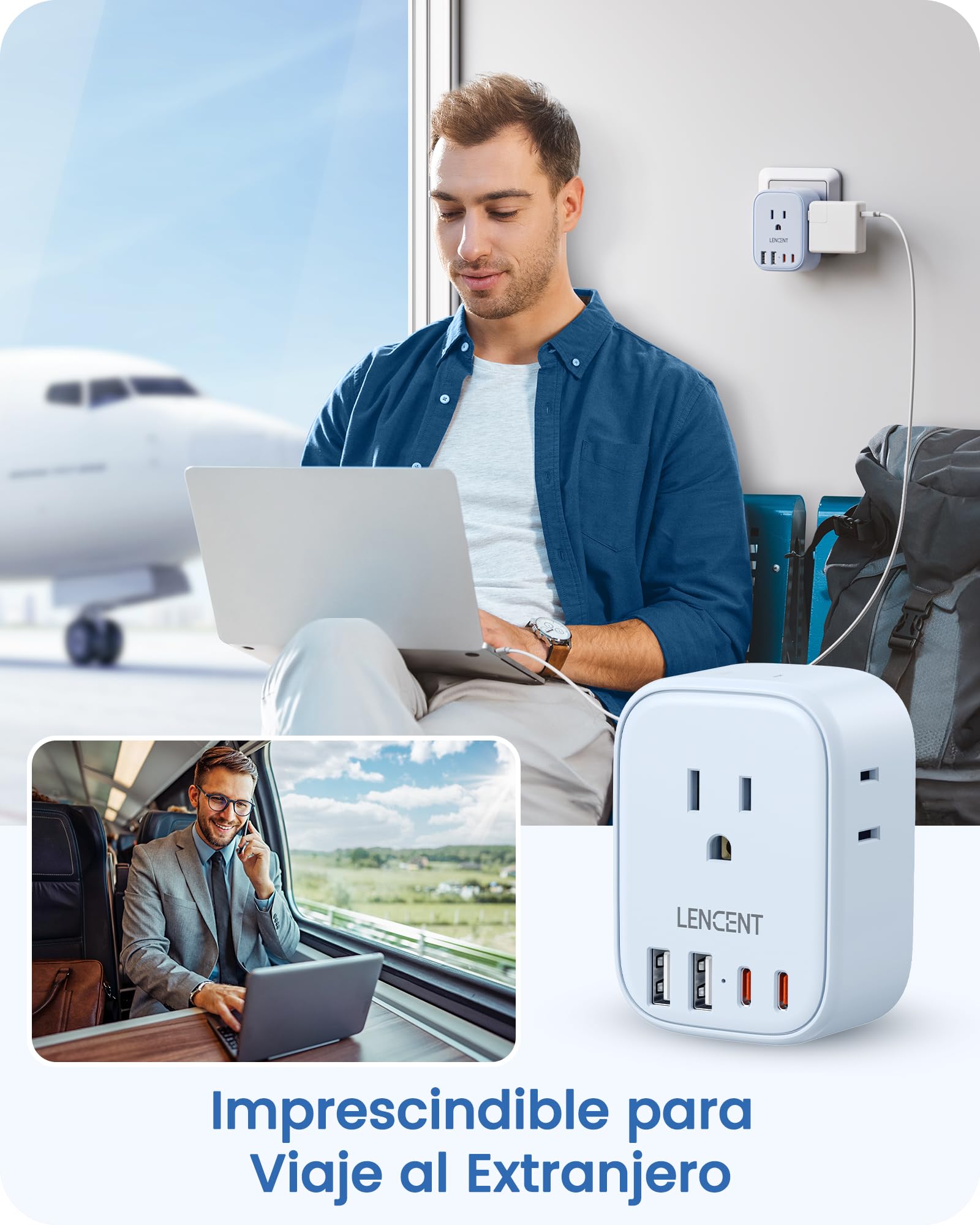 LENCENT Adaptador Europeo Plegable, Adaptador de Corriente con 4 Salidas y 4 Puertos USB (2USB C), Cargador Americano a Europeo para Alemania, España, Italia, Francia, Apto para Cruceros, Azul