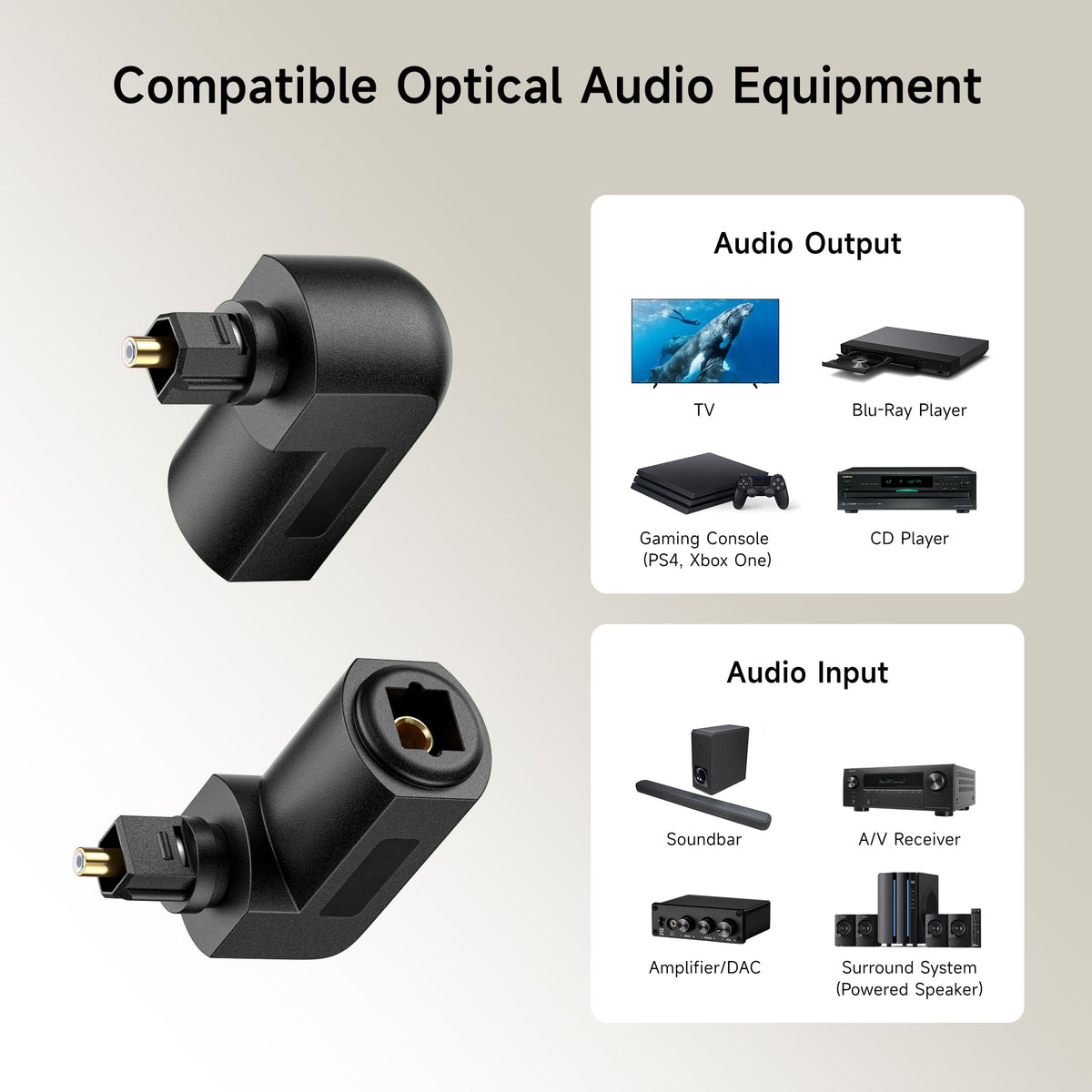 Adaptador Toslink Cable Matters Negro Paquete de 2 macho a hembra ángulo recto