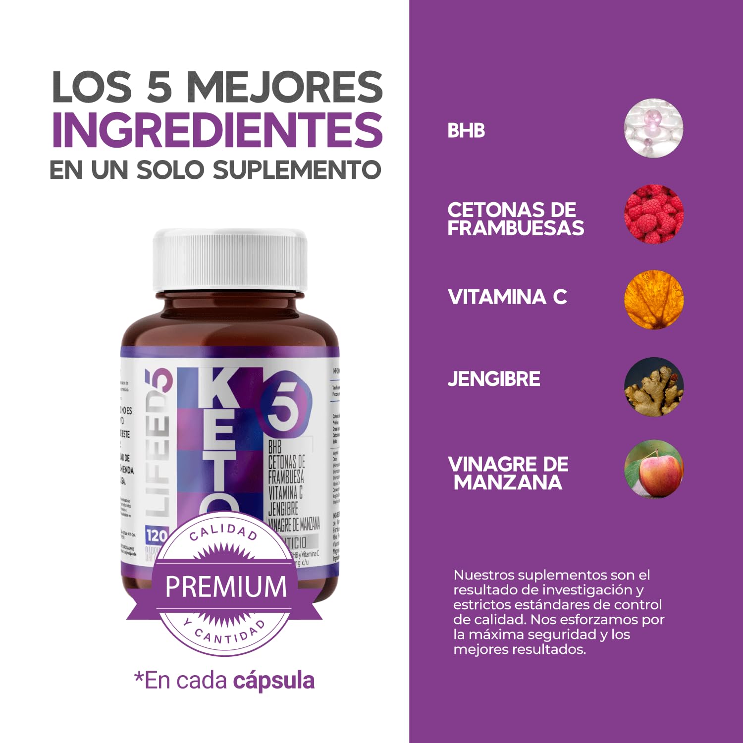 LIFEED KETO | Suplemento con Cetonas de Frambuesa, BHB y Vinagre de Manzana | Multivitamínico Keto con Jengibre y Vitamina C para Hombres y Mujeres | 120 Cápsulas para 120 Días, 1 Cápsula al Día