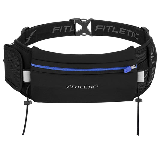 Fitletic cinturón de Running | Libre de Rebote Funda para Marathon único, triatlón, Ironman, Resistencia, Ciclismo, Trail, 10 K, 5 K | Patentado Ultimate II Race Cinturón, Negro/Azul, Talla única